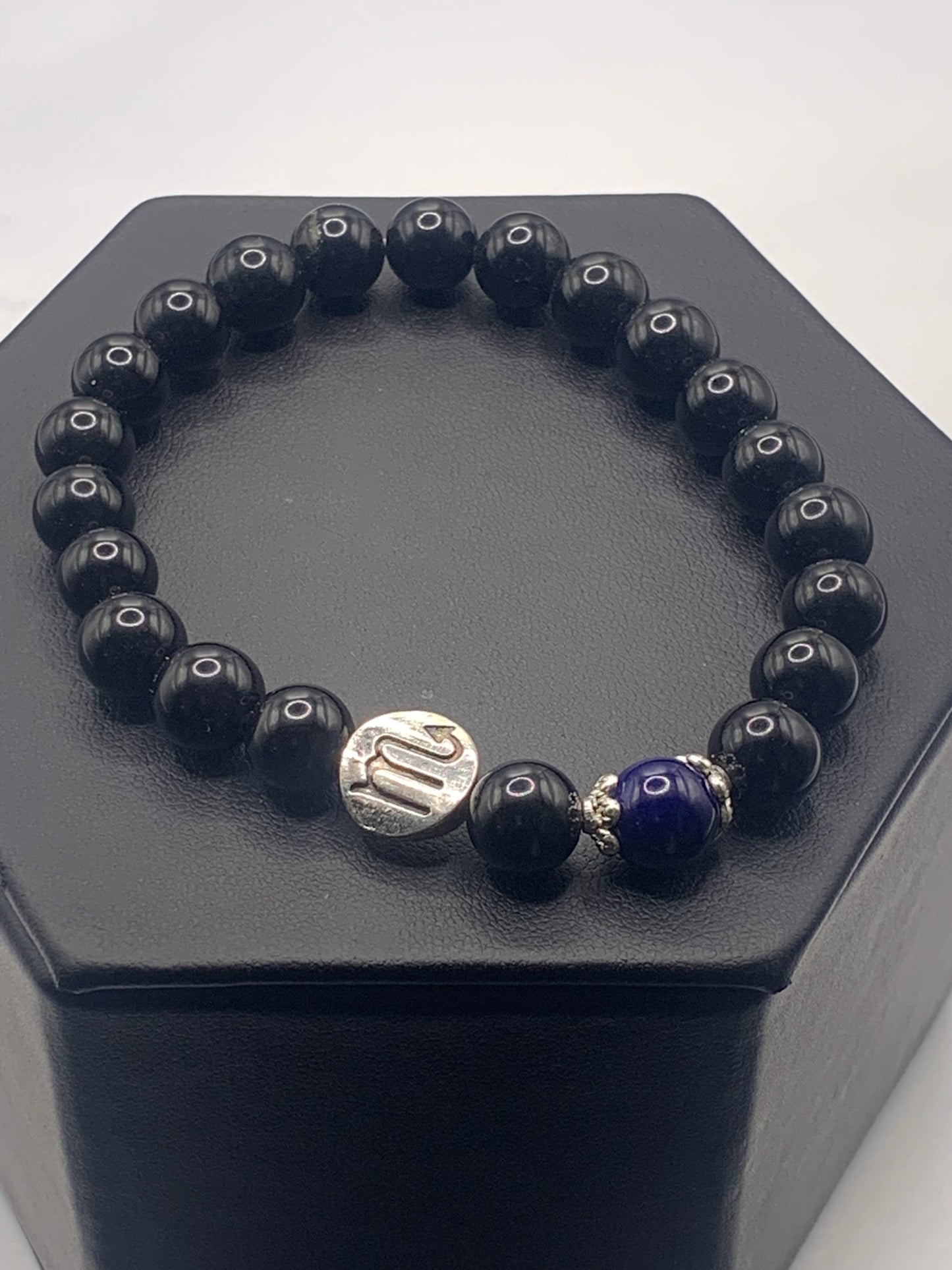 Scorpio Zodiac black obsidian with blue lace agate semi precious stone/crystal elastic beaded bracelet with silver accents