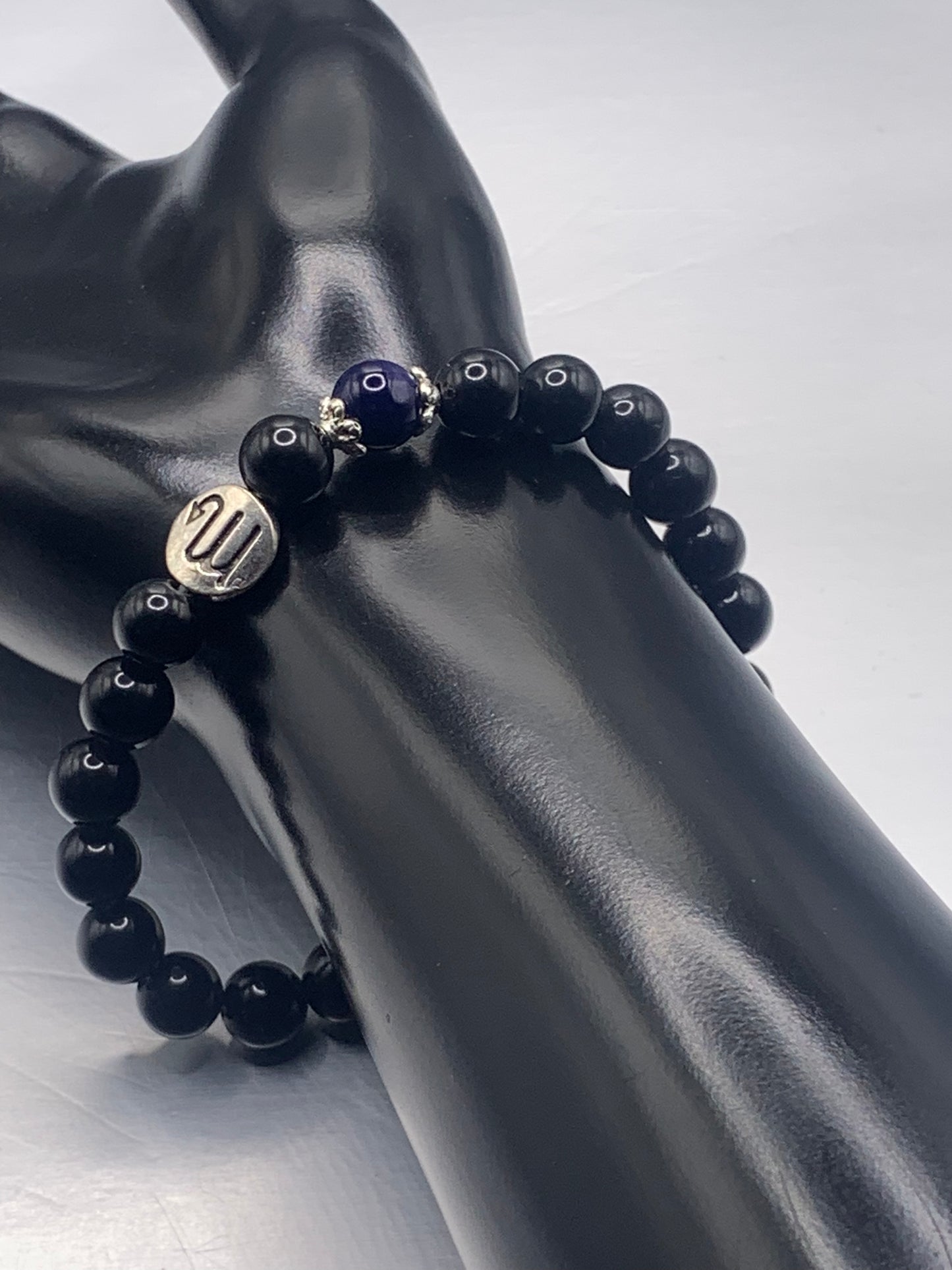 Scorpio Zodiac black obsidian with blue lace agate semi precious stone/crystal elastic beaded bracelet with silver accents