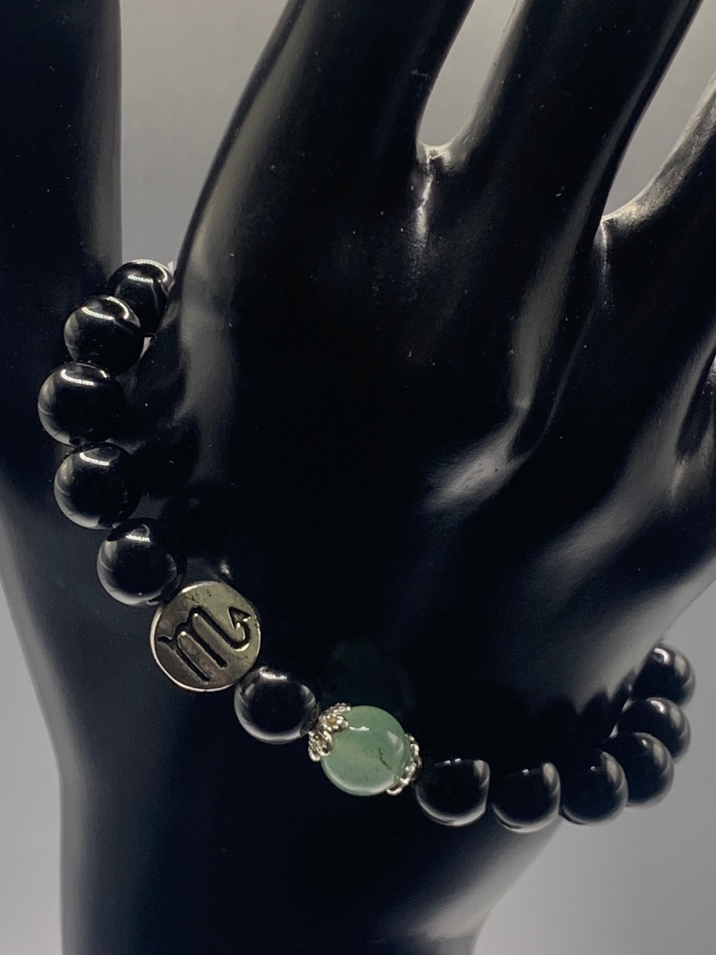 Scorpio Zodiac black obsidian with green aventurine semi precious stone/crystal elastic beaded bracelet with silver accents