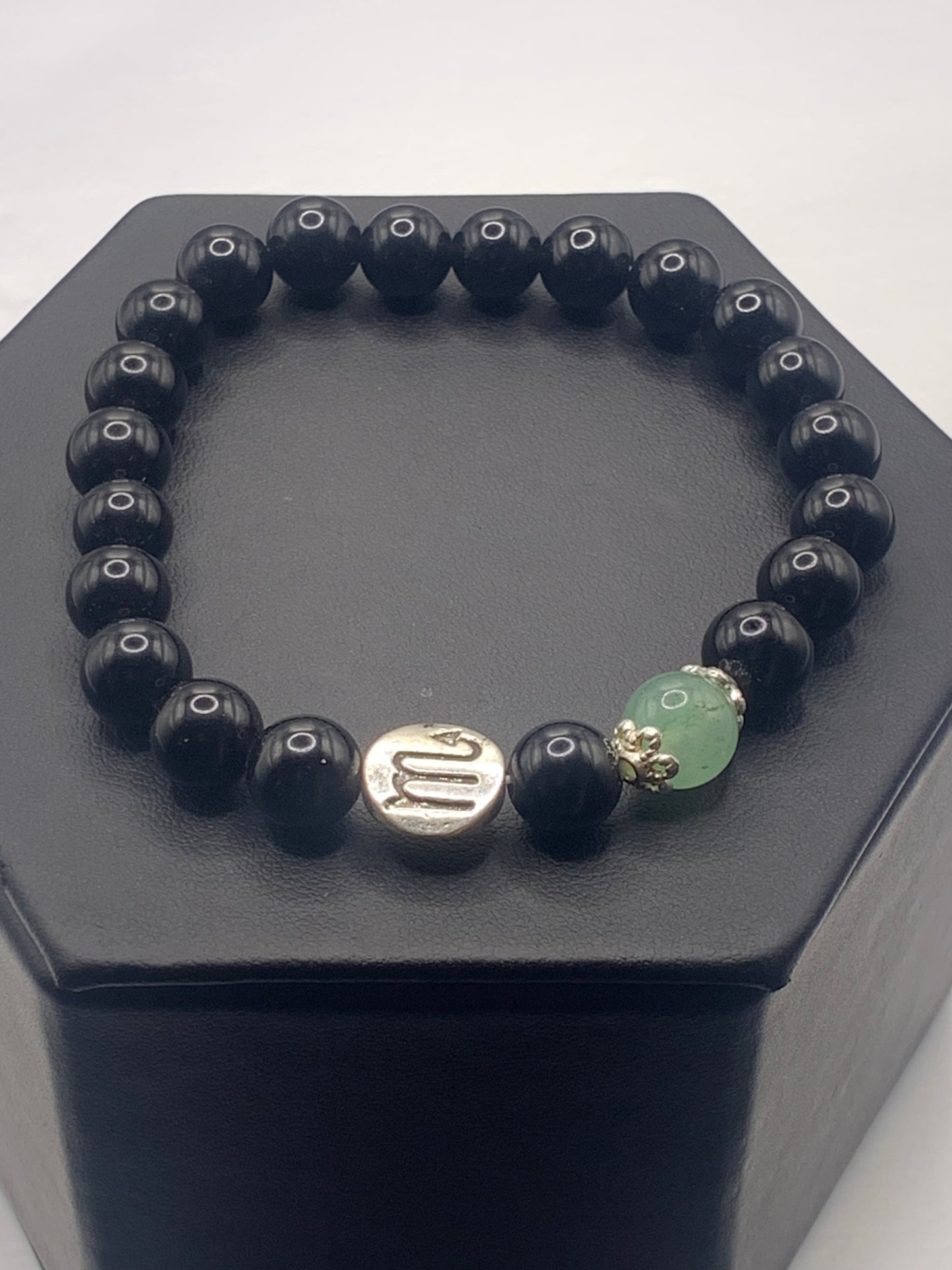 Scorpio Zodiac black obsidian with green aventurine semi precious stone/crystal elastic beaded bracelet with silver accents