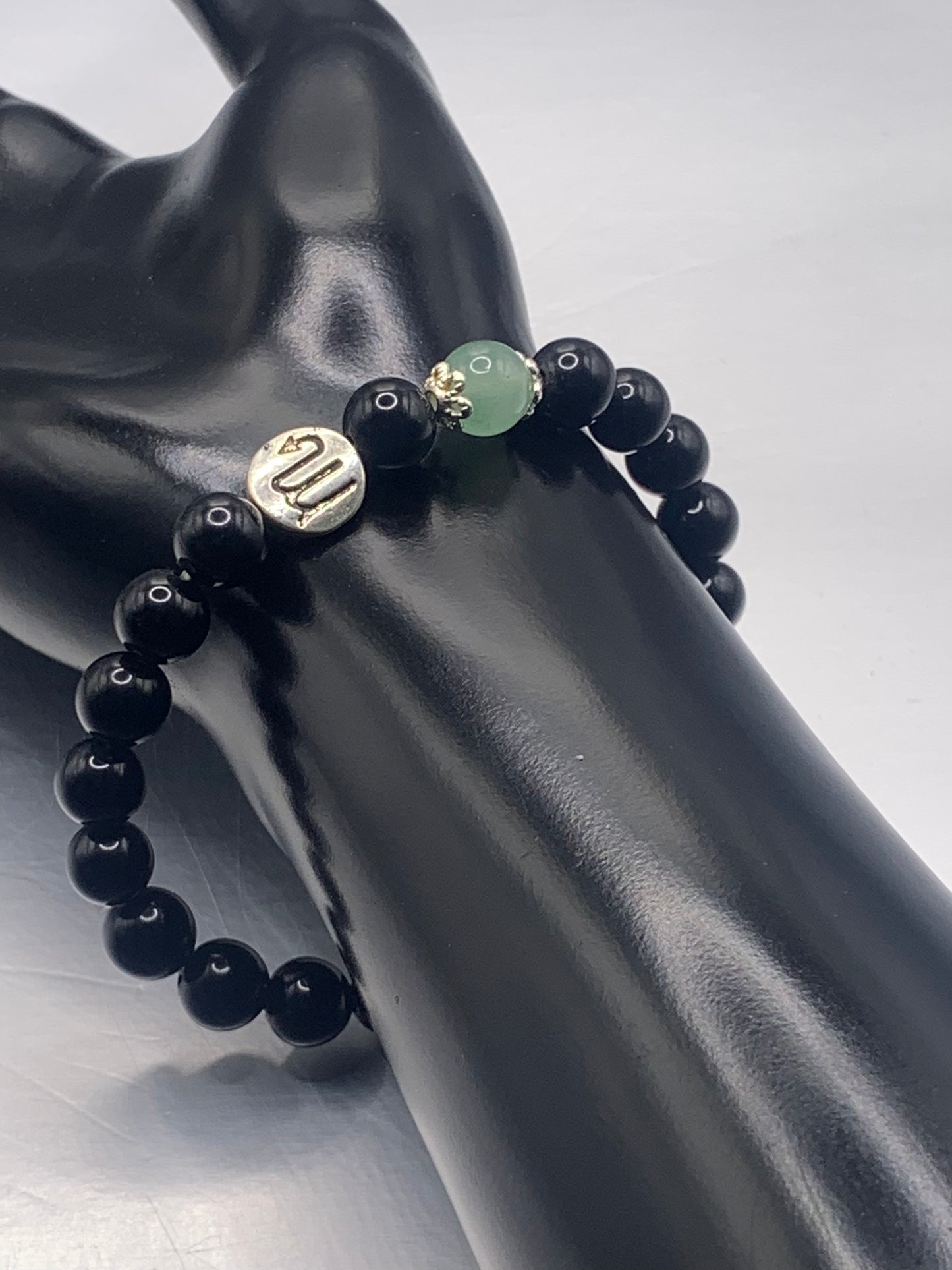 Scorpio Zodiac black obsidian with green aventurine semi precious stone/crystal elastic beaded bracelet with silver accents