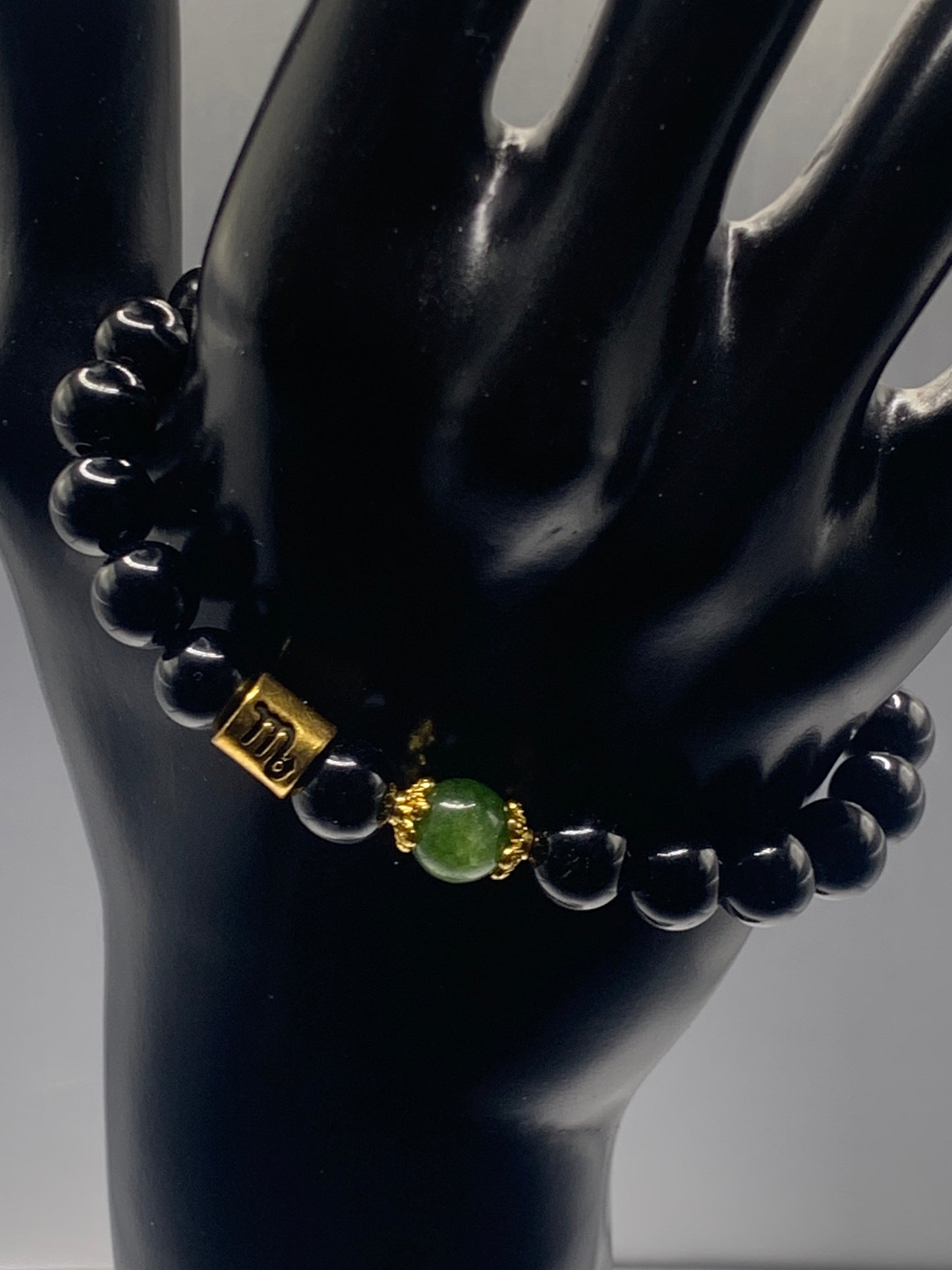 Scorpio Zodiac black obsidian with green tourmaline semi precious stone/crystal elastic beaded bracelet with gold accents