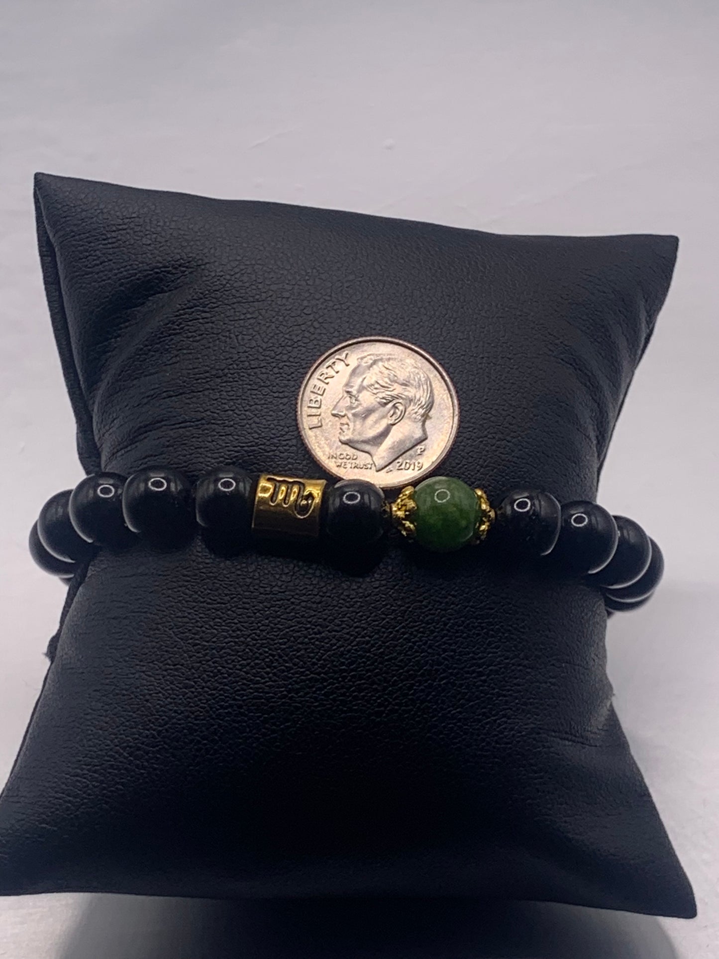 Scorpio Zodiac black obsidian with green tourmaline semi precious stone/crystal elastic beaded bracelet with gold accents