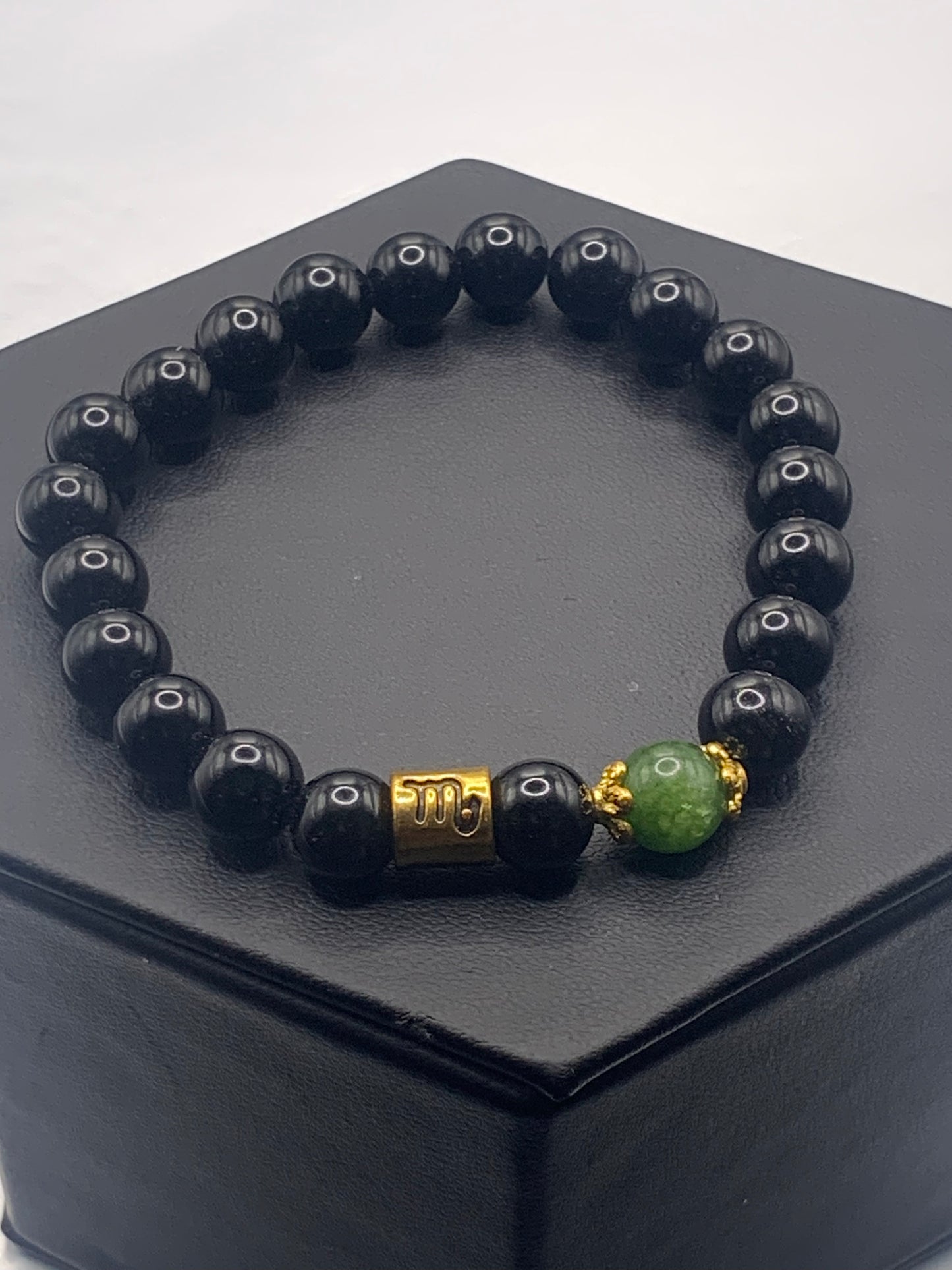 Scorpio Zodiac black obsidian with green tourmaline semi precious stone/crystal elastic beaded bracelet with gold accents
