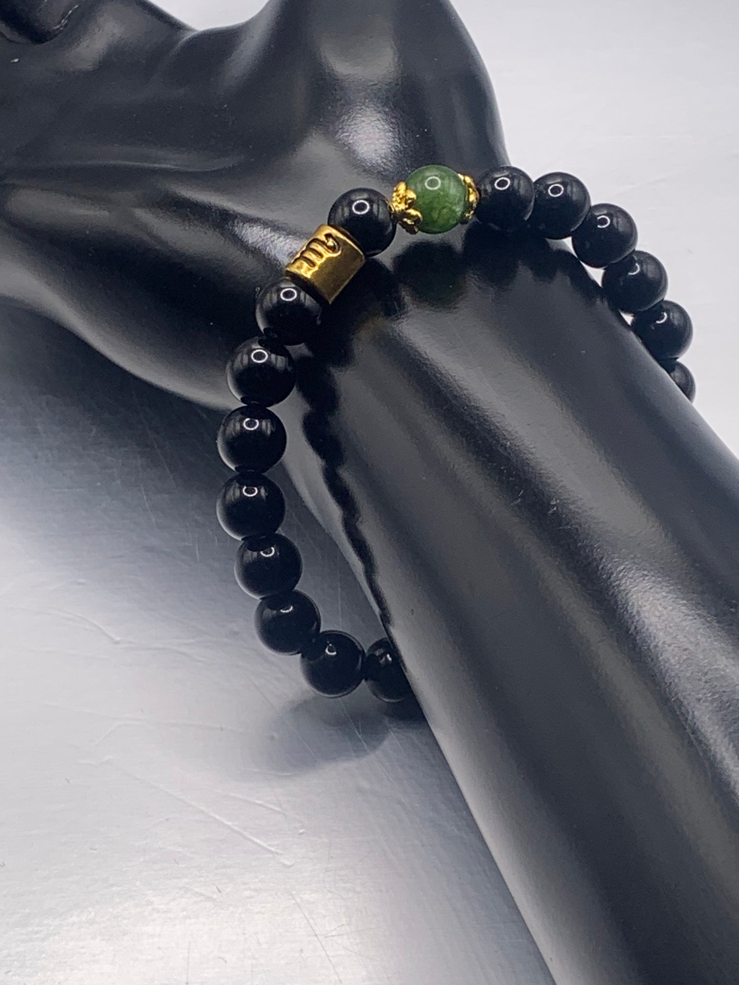 Scorpio Zodiac black obsidian with green tourmaline semi precious stone/crystal elastic beaded bracelet with gold accents