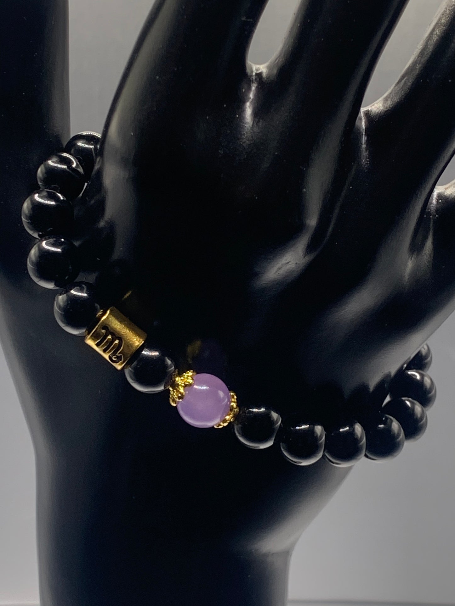 Scorpio Zodiac black obsidian with lavender agate semi precious stone/crystal elastic beaded bracelet with gold accents