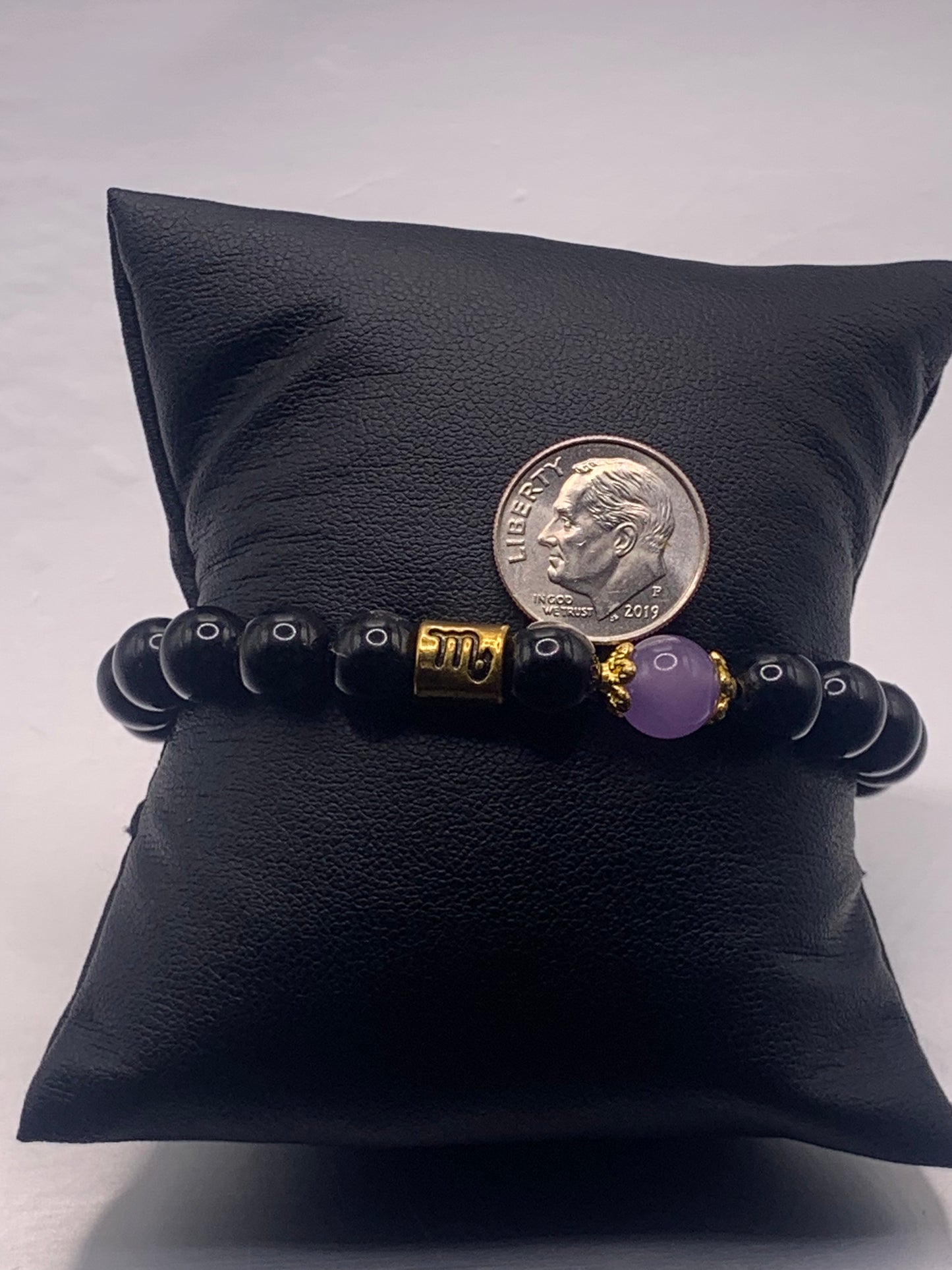Scorpio Zodiac black obsidian with lavender agate semi precious stone/crystal elastic beaded bracelet with gold accents