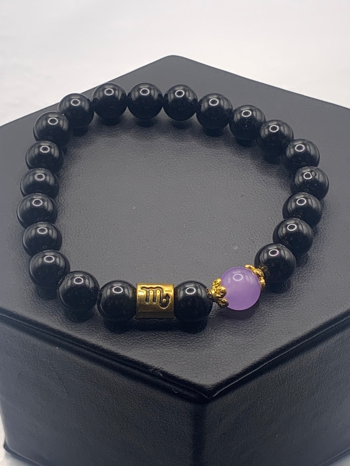 Scorpio Zodiac black obsidian with lavender agate semi precious stone/crystal elastic beaded bracelet with gold accents