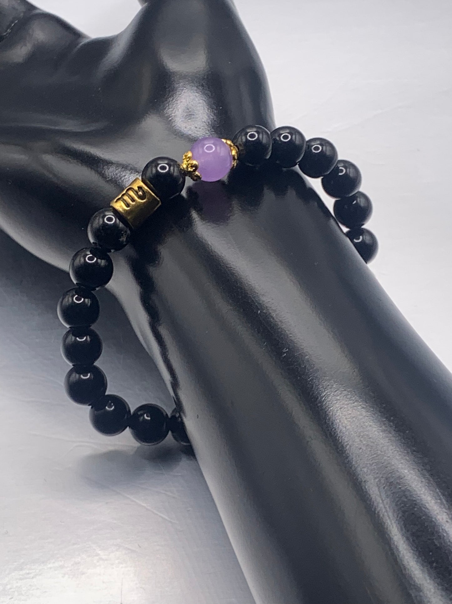 Scorpio Zodiac black obsidian with lavender agate semi precious stone/crystal elastic beaded bracelet with gold accents