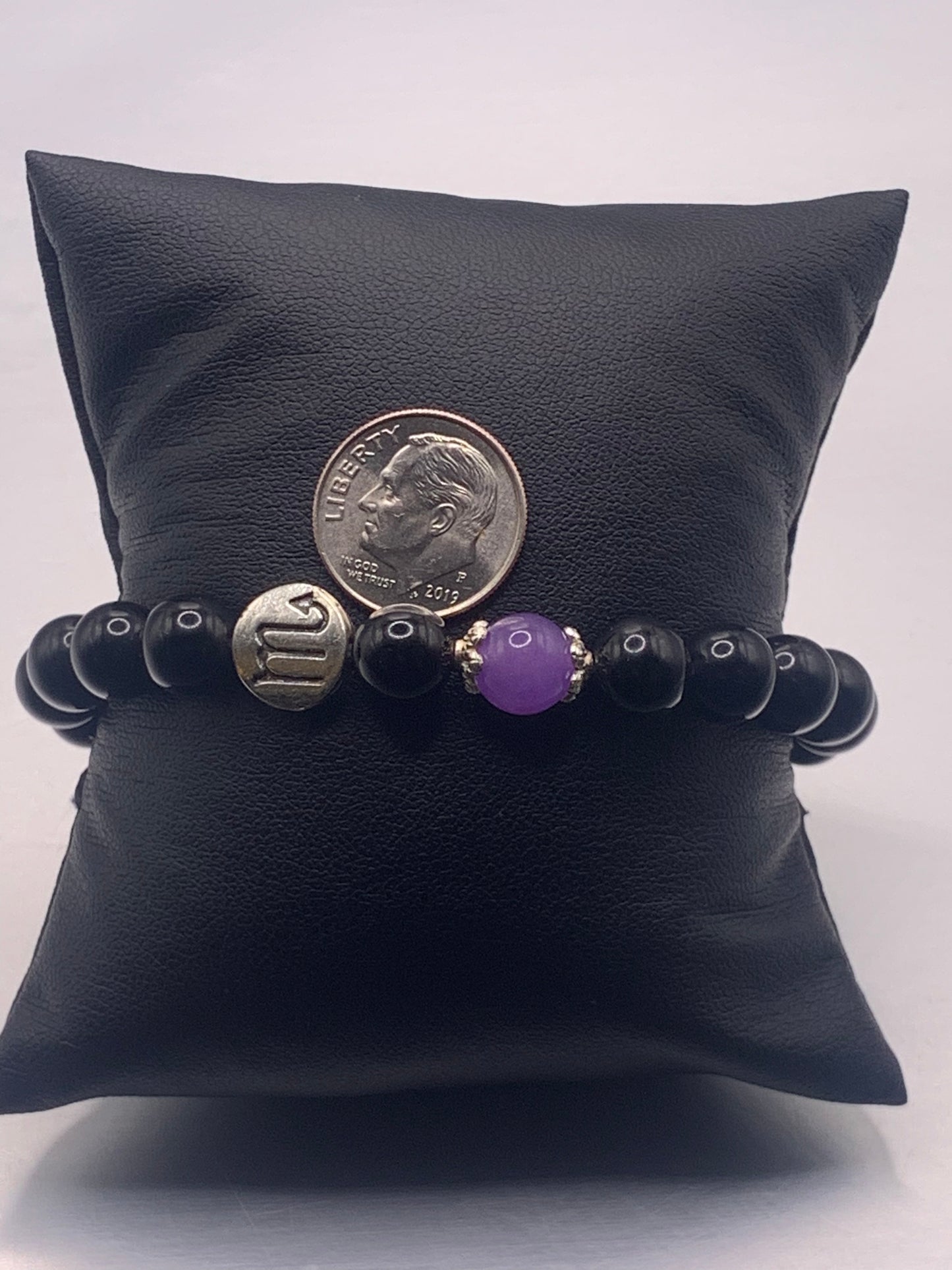 Scorpio Zodiac black obsidian with lavender agate semi precious stone/crystal elastic beaded bracelet with silver accents