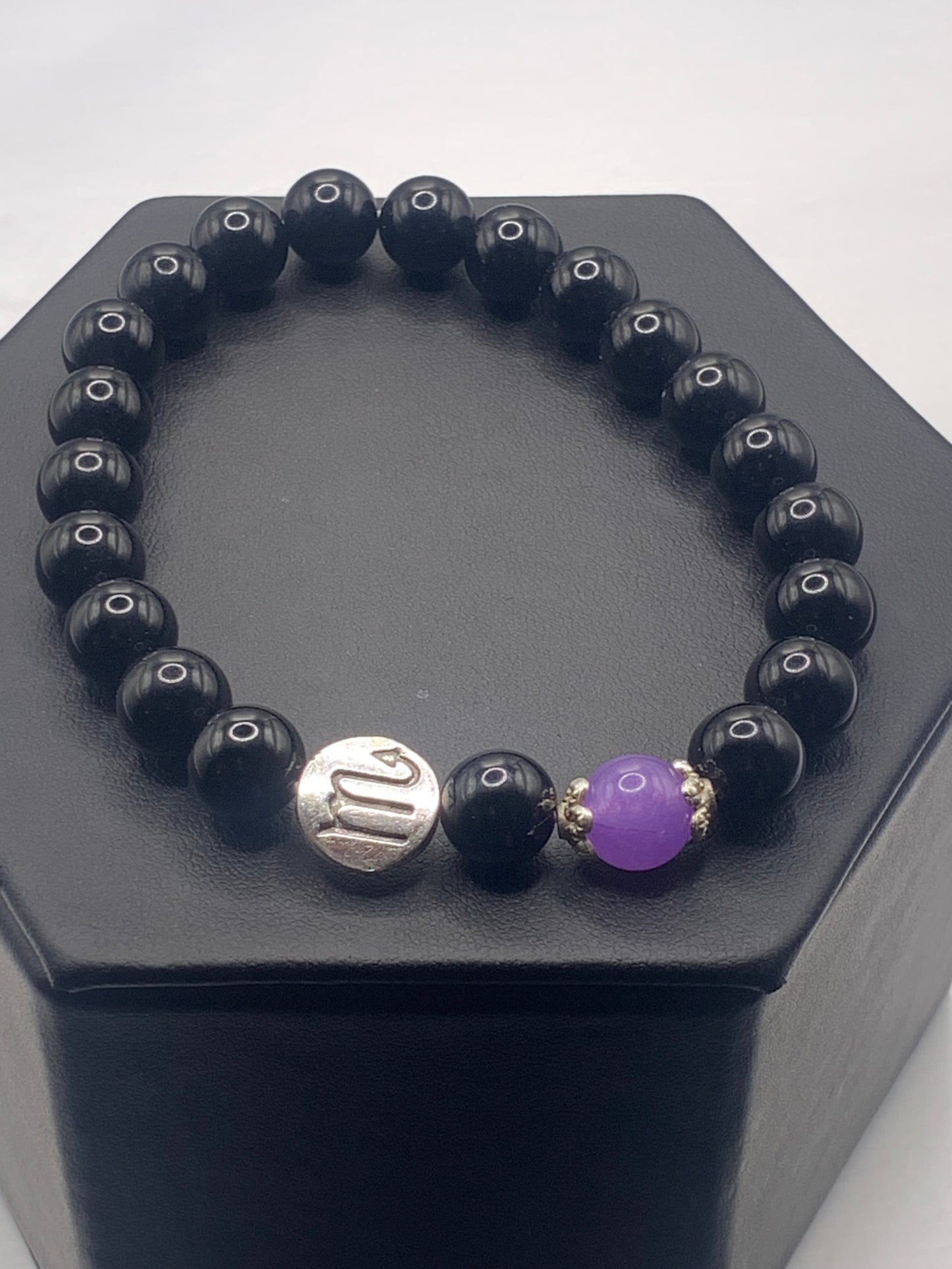 Scorpio Zodiac black obsidian with lavender agate semi precious stone/crystal elastic beaded bracelet with silver accents