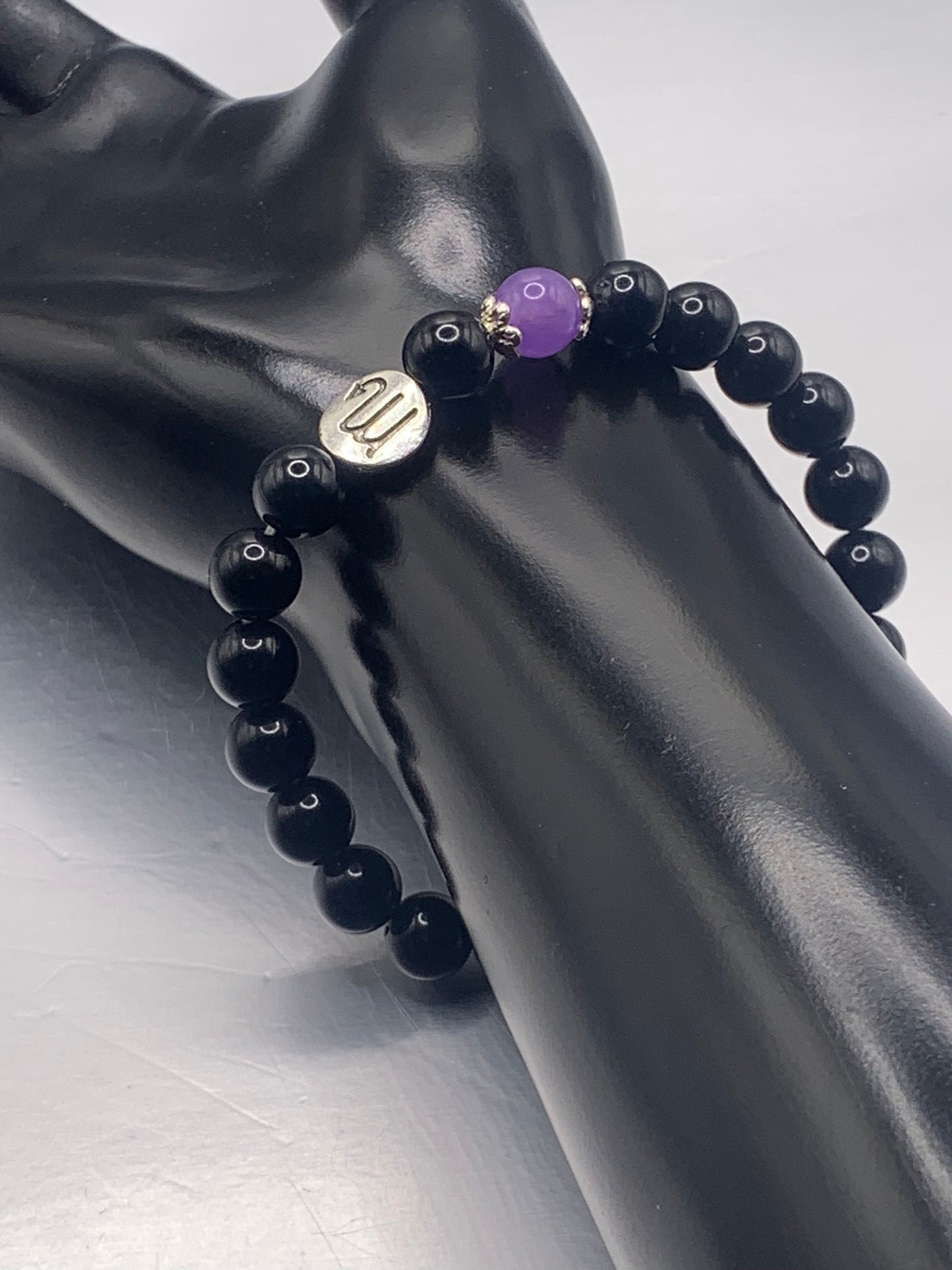 Scorpio Zodiac black obsidian with lavender agate semi precious stone/crystal elastic beaded bracelet with silver accents