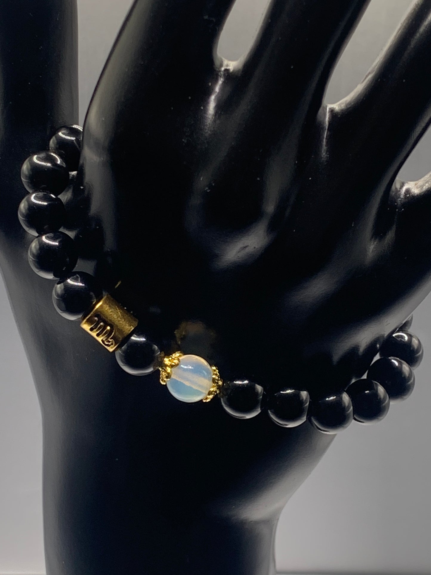 Scorpio Zodiac black obsidian with opalite semi precious stone/crystal elastic beaded bracelet with gold accents
