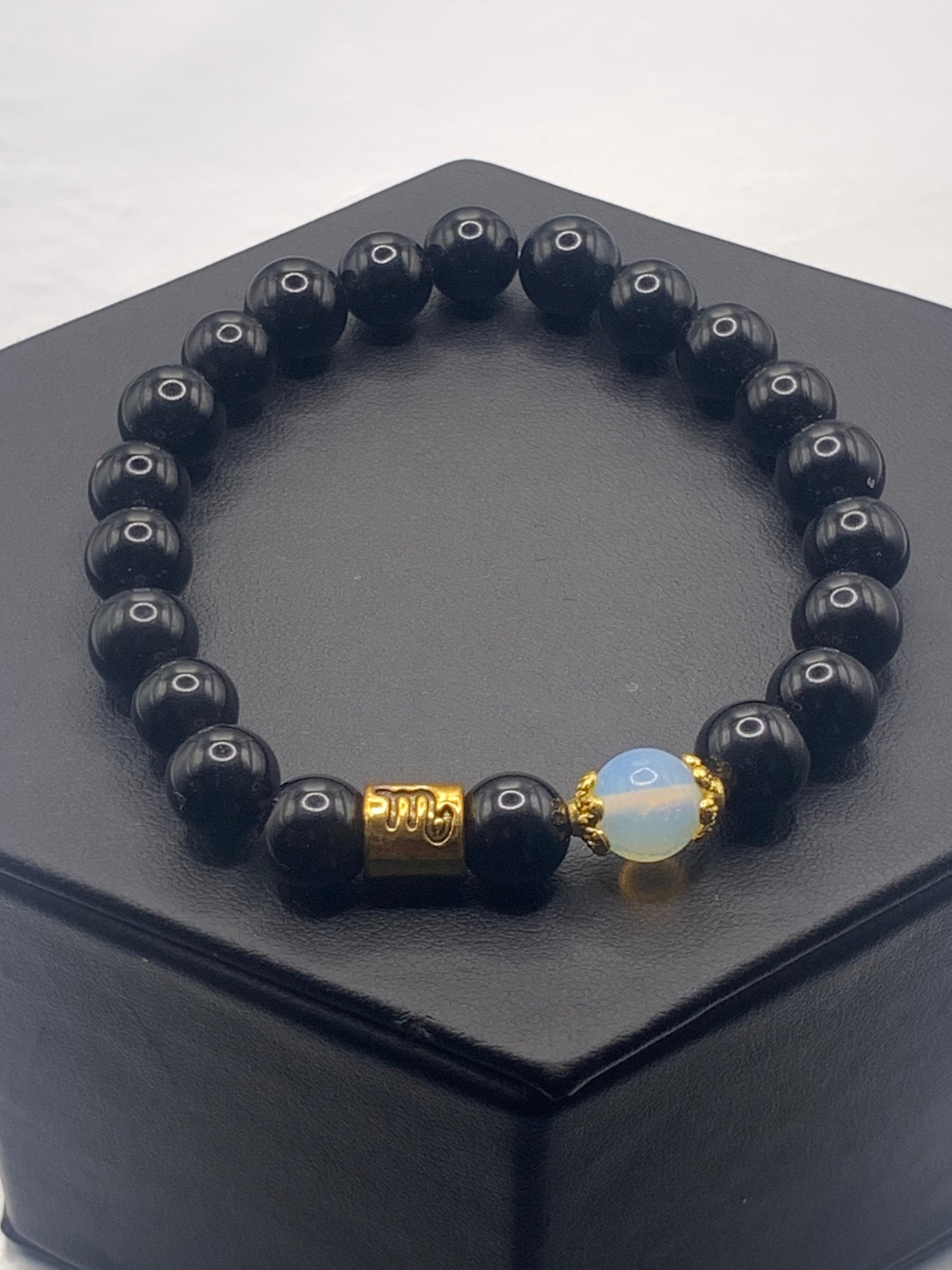 Scorpio Zodiac black obsidian with opalite semi precious stone/crystal elastic beaded bracelet with gold accents