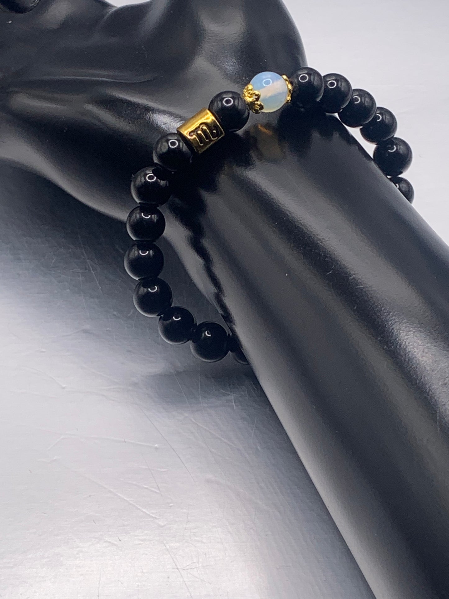 Scorpio Zodiac black obsidian with opalite semi precious stone/crystal elastic beaded bracelet with gold accents