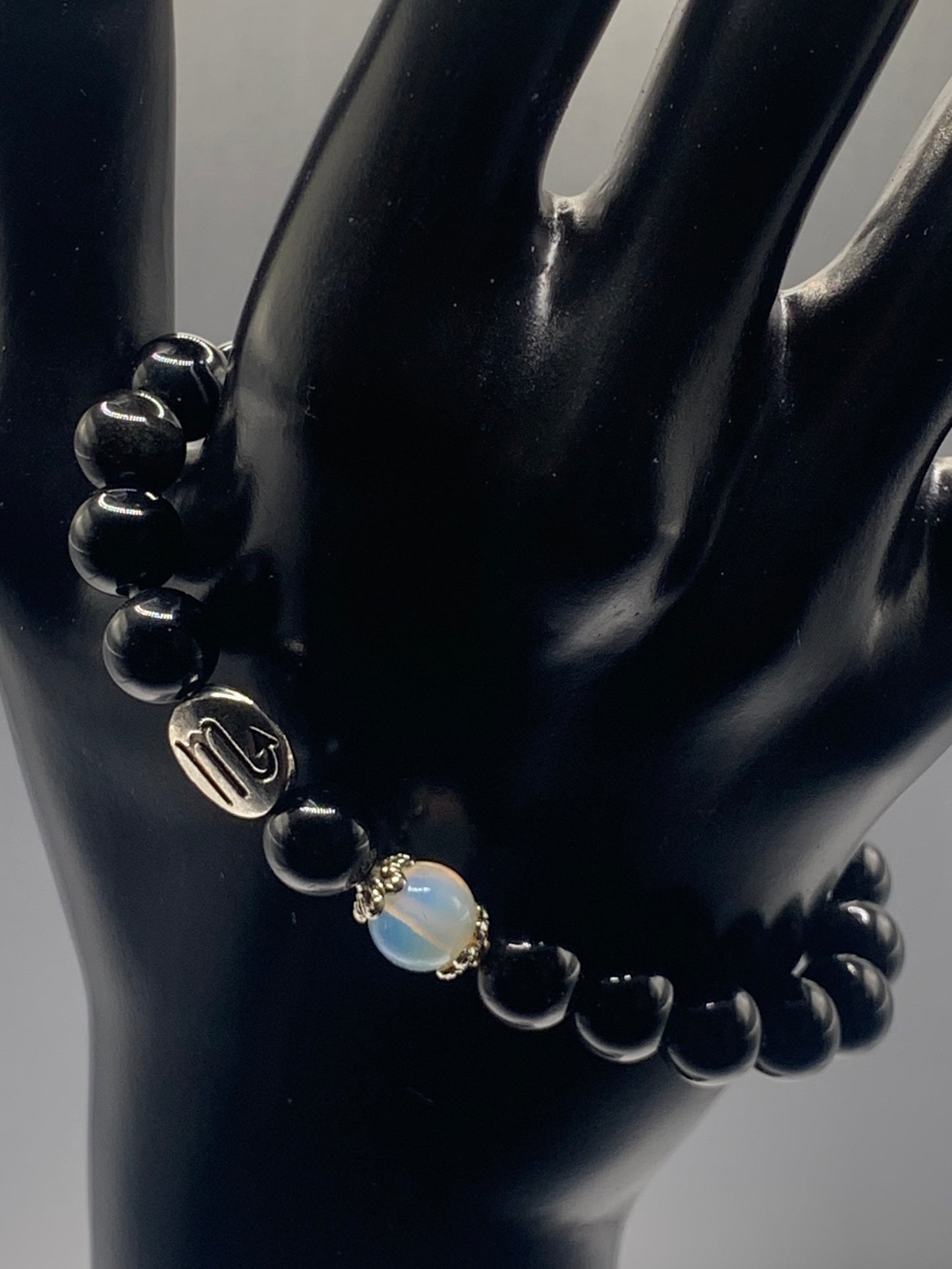 Scorpio Zodiac black obsidian with opalite semi precious stone/crystal elastic beaded bracelet with silver accents