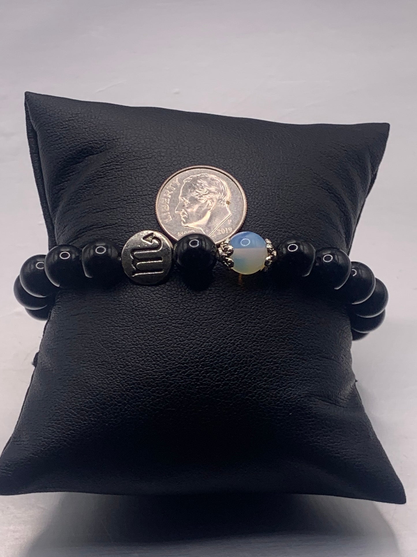 Scorpio Zodiac black obsidian with opalite semi precious stone/crystal elastic beaded bracelet with silver accents