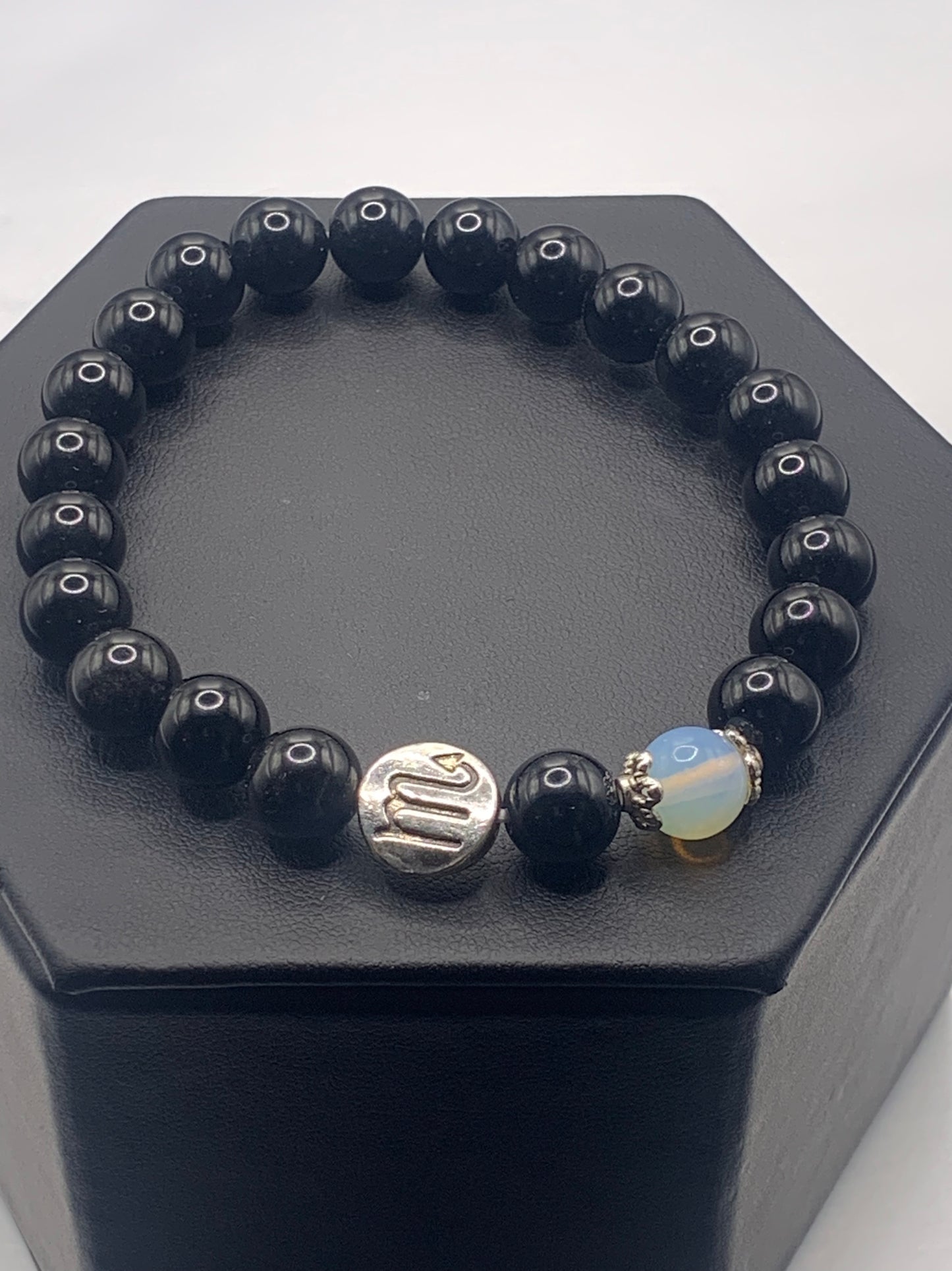 Scorpio Zodiac black obsidian with opalite semi precious stone/crystal elastic beaded bracelet with silver accents