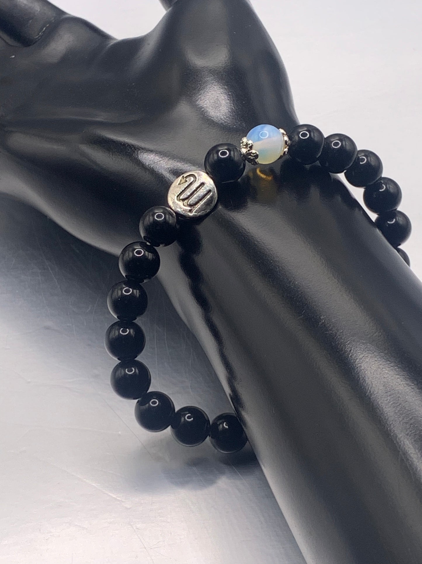 Scorpio Zodiac black obsidian with opalite semi precious stone/crystal elastic beaded bracelet with silver accents