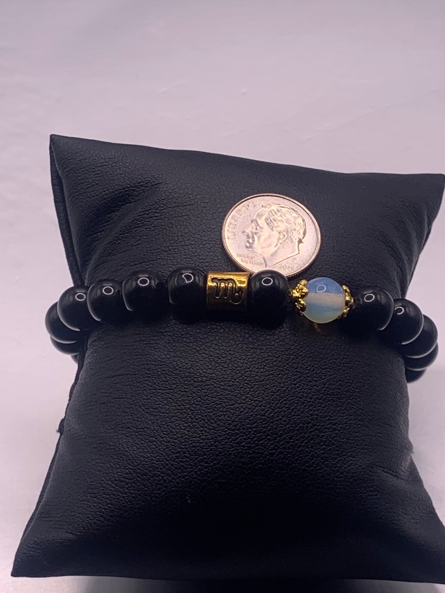 Scorpio Zodiac black obsidian with opalite semi precious stone/crystal elastic beaded bracelet with gold accents