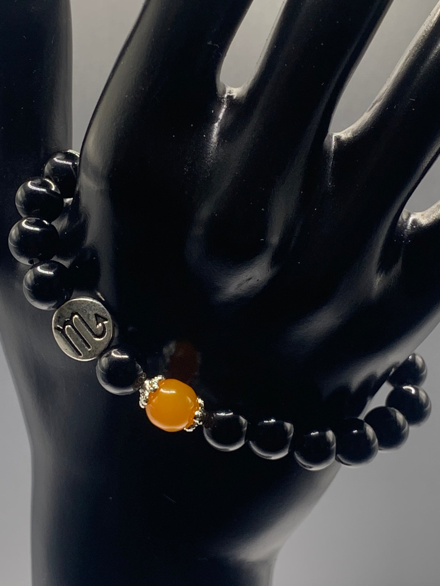 Scorpio Zodiac black obsidian with orange agate semi precious stone/crystal elastic beaded bracelet with silver accents