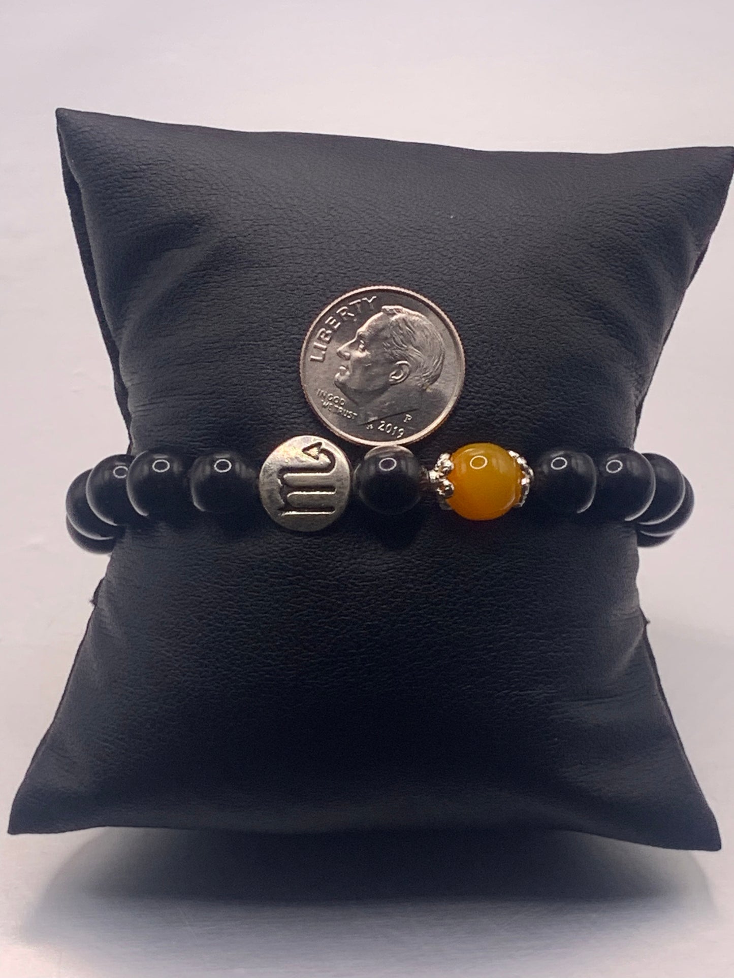 Scorpio Zodiac black obsidian with orange agate semi precious stone/crystal elastic beaded bracelet with silver accents