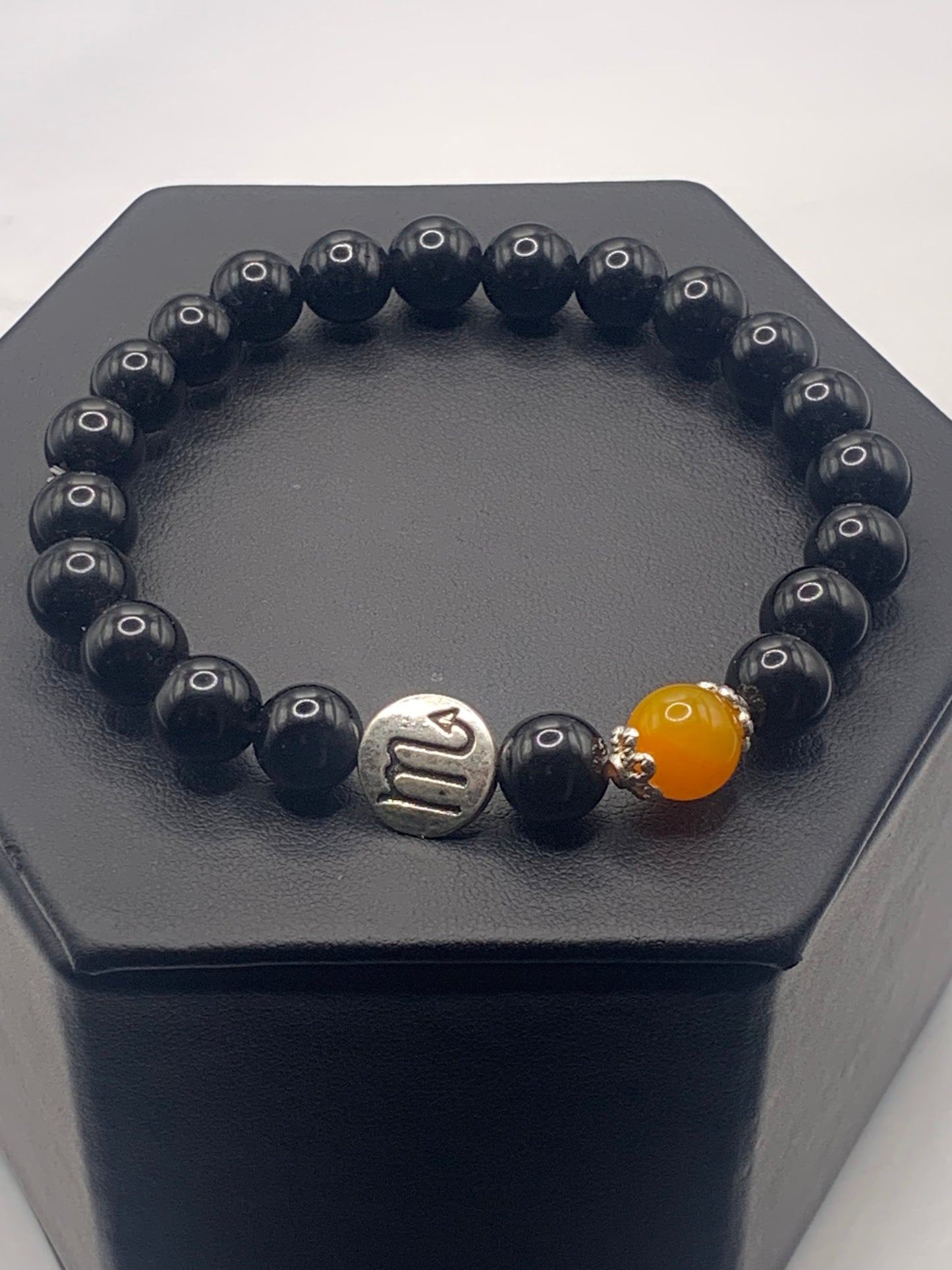 Scorpio Zodiac black obsidian with orange agate semi precious stone/crystal elastic beaded bracelet with silver accents