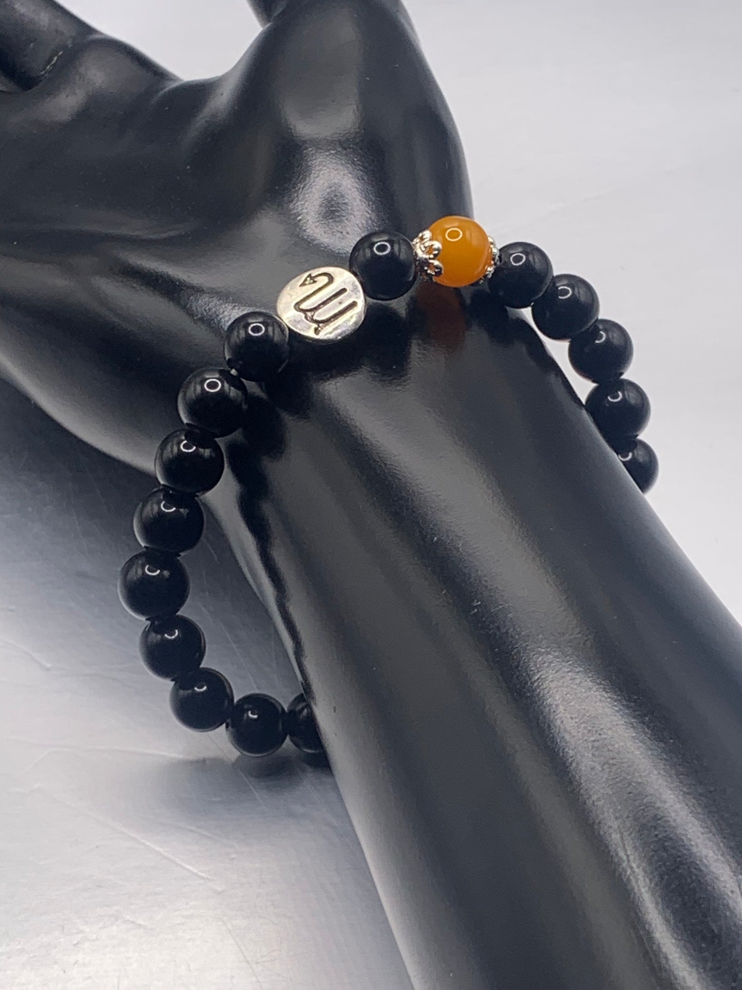 Scorpio Zodiac black obsidian with orange agate semi precious stone/crystal elastic beaded bracelet with silver accents