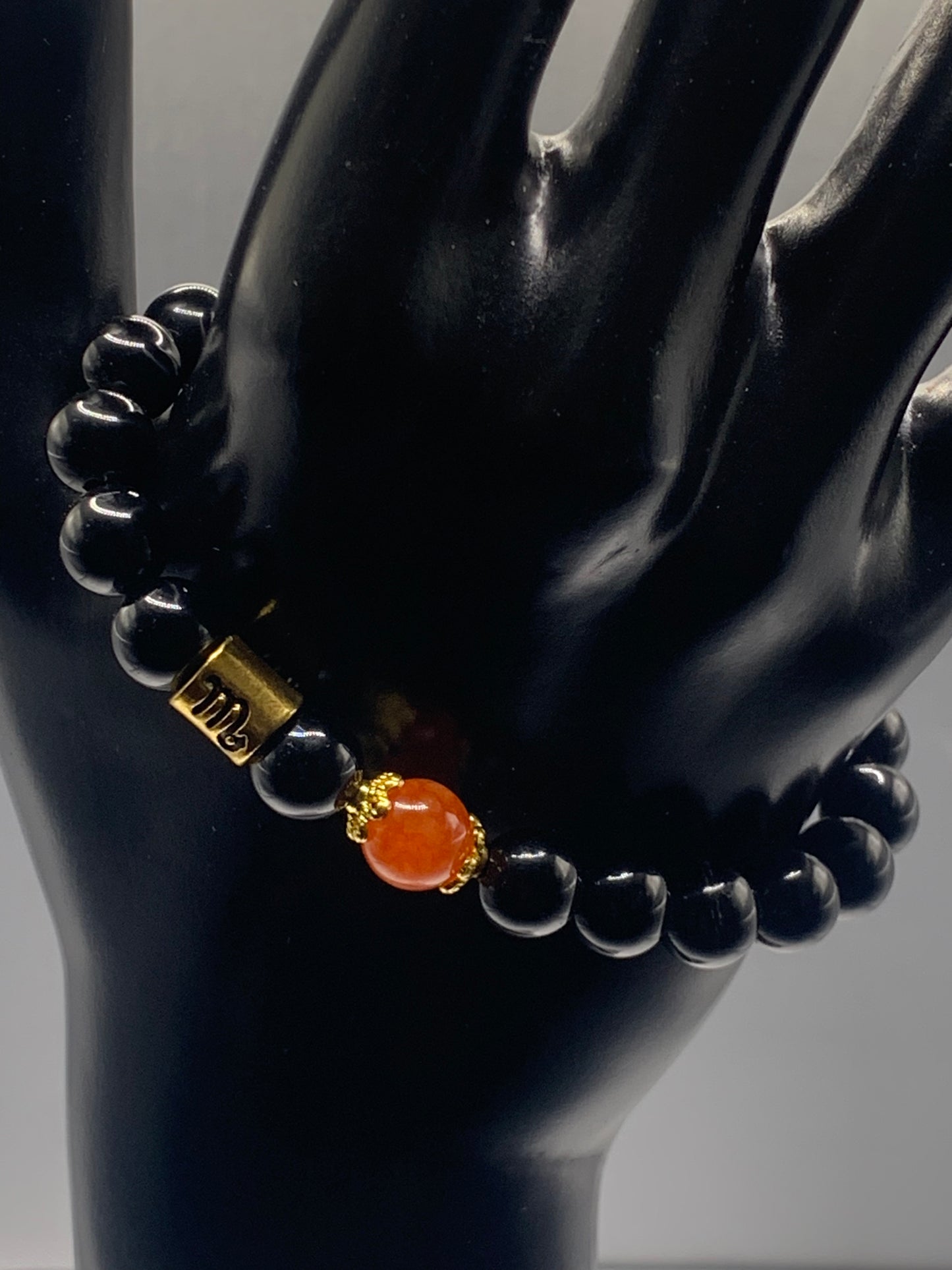 Scorpio Zodiac black obsidian with phoenix agate semi precious stone/crystal elastic beaded bracelet with gold accents