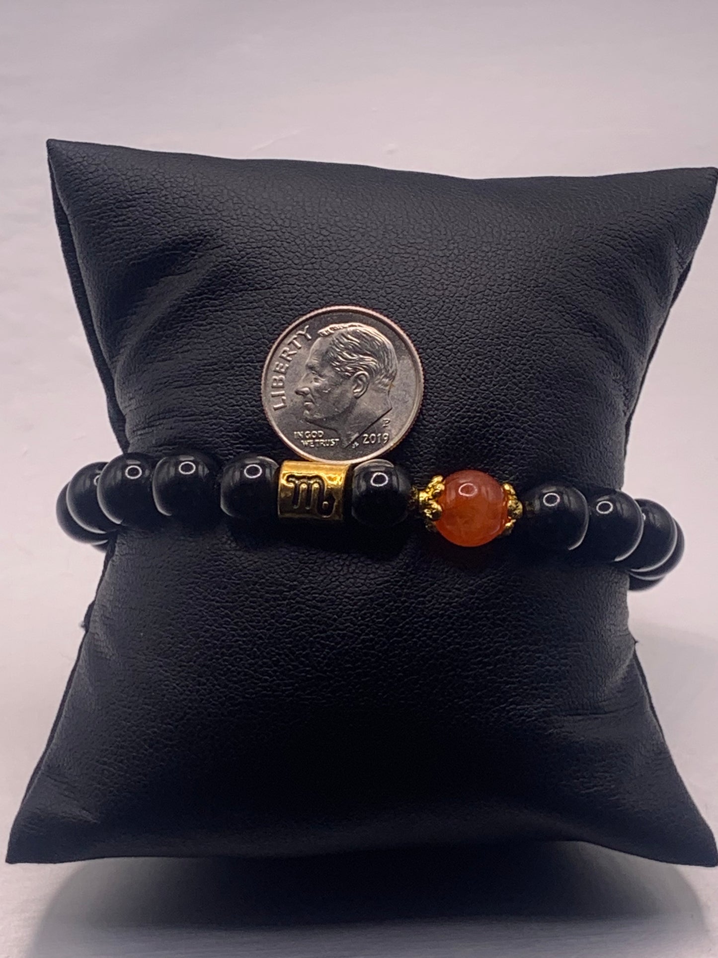 Scorpio Zodiac black obsidian with phoenix agate semi precious stone/crystal elastic beaded bracelet with gold accents