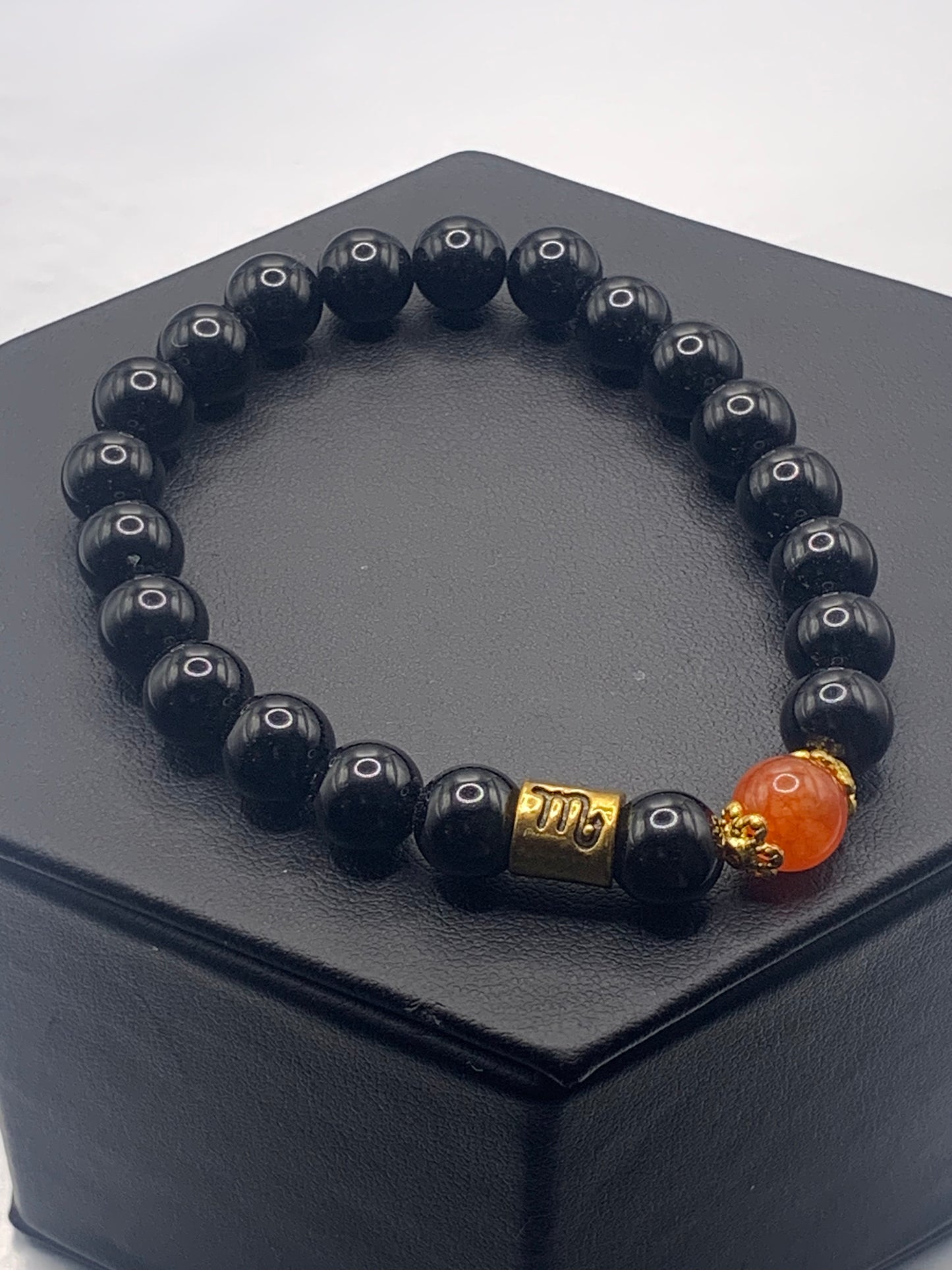 Scorpio Zodiac black obsidian with phoenix agate semi precious stone/crystal elastic beaded bracelet with gold accents