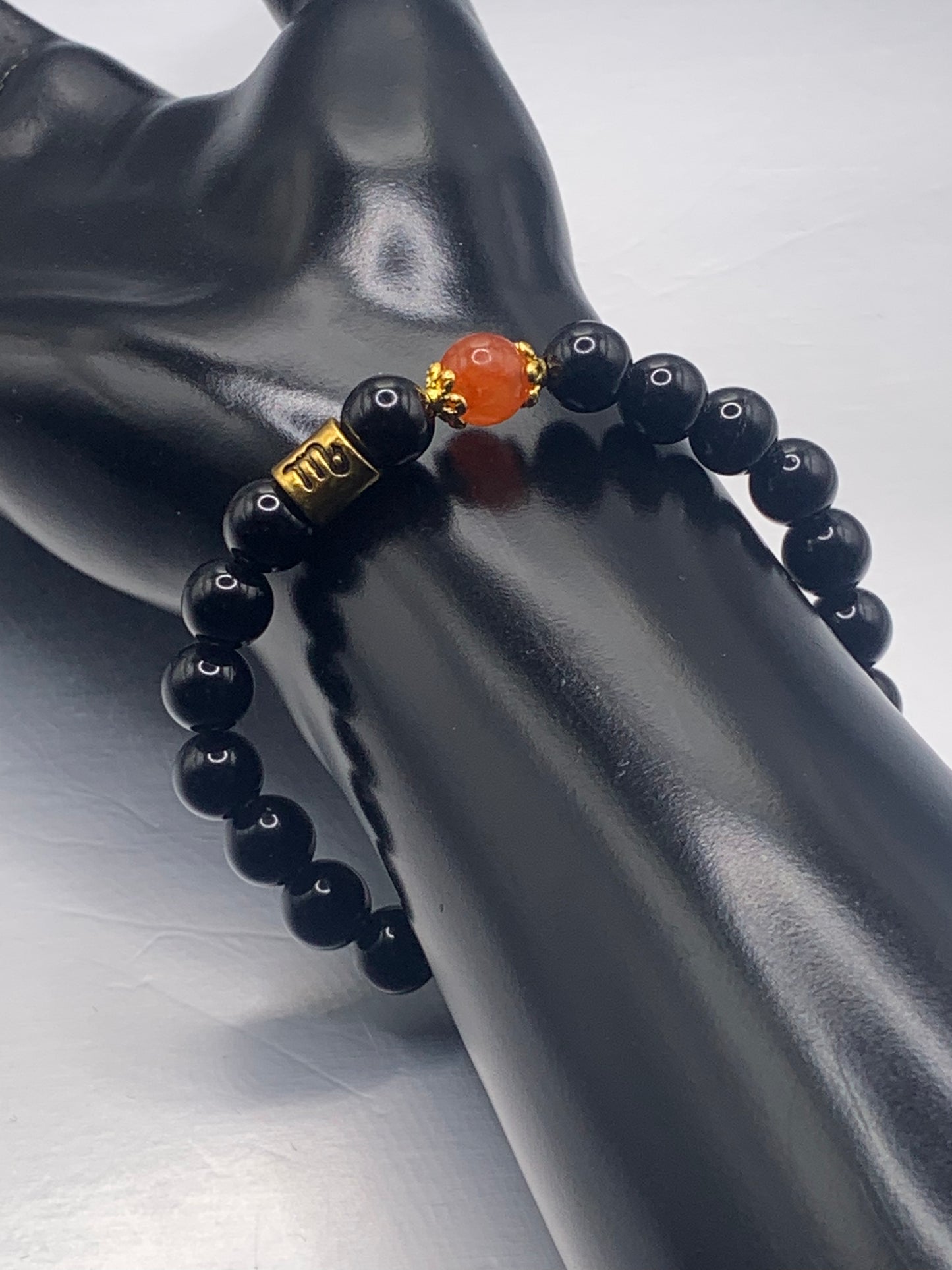 Scorpio Zodiac black obsidian with phoenix agate semi precious stone/crystal elastic beaded bracelet with gold accents