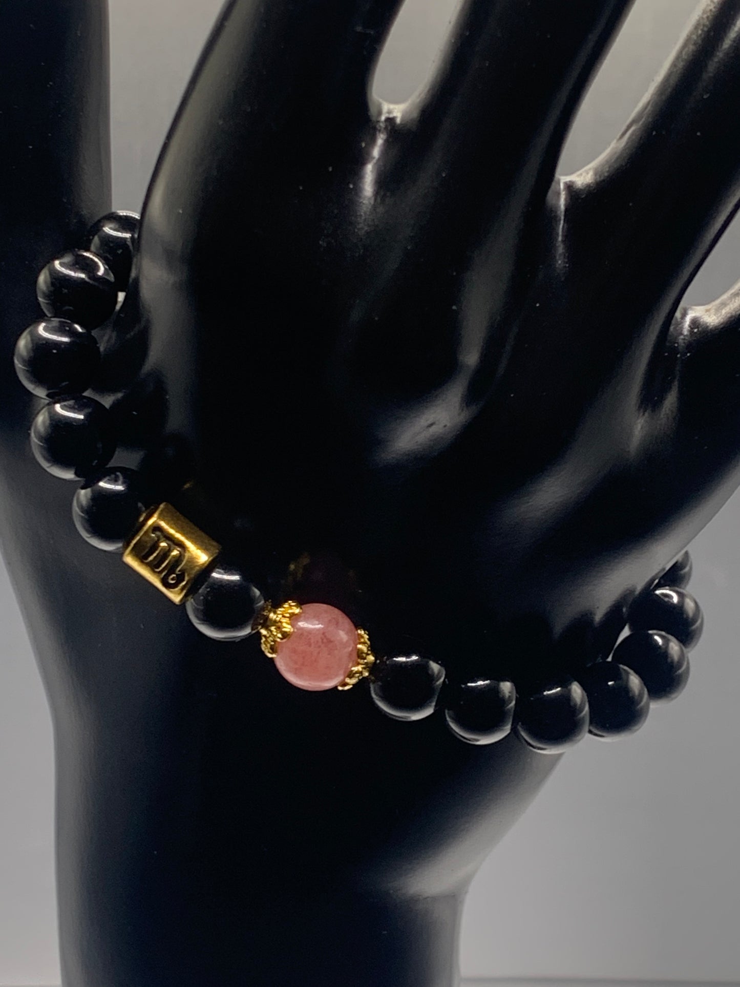 Scorpio Zodiac black obsidian with pink chalcedony semi precious stone/crystal elastic beaded bracelet with gold accents