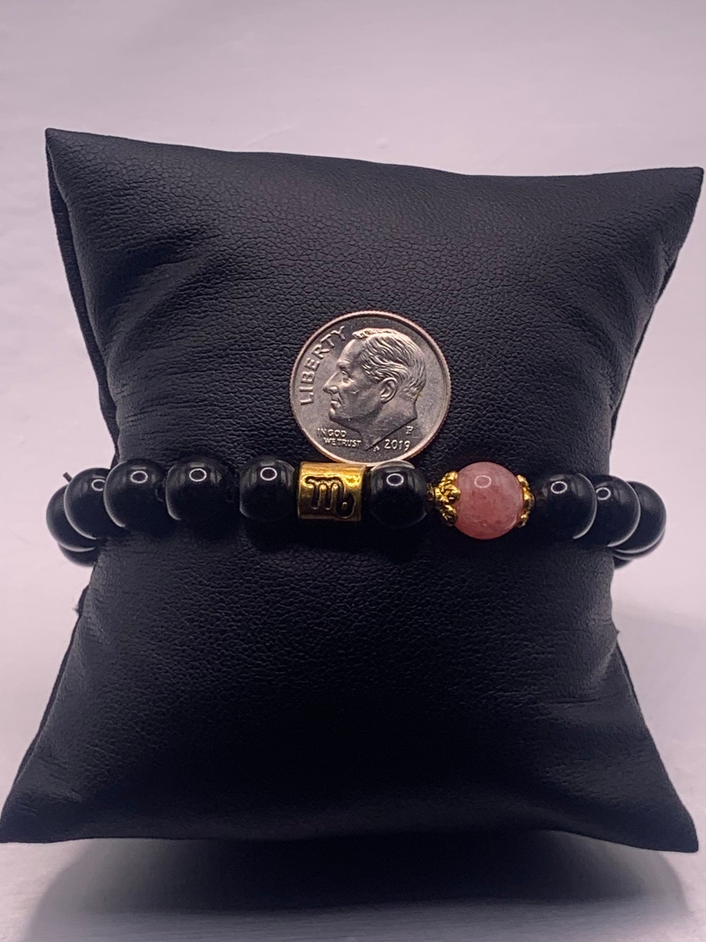 Scorpio Zodiac black obsidian with pink chalcedony semi precious stone/crystal elastic beaded bracelet with gold accents