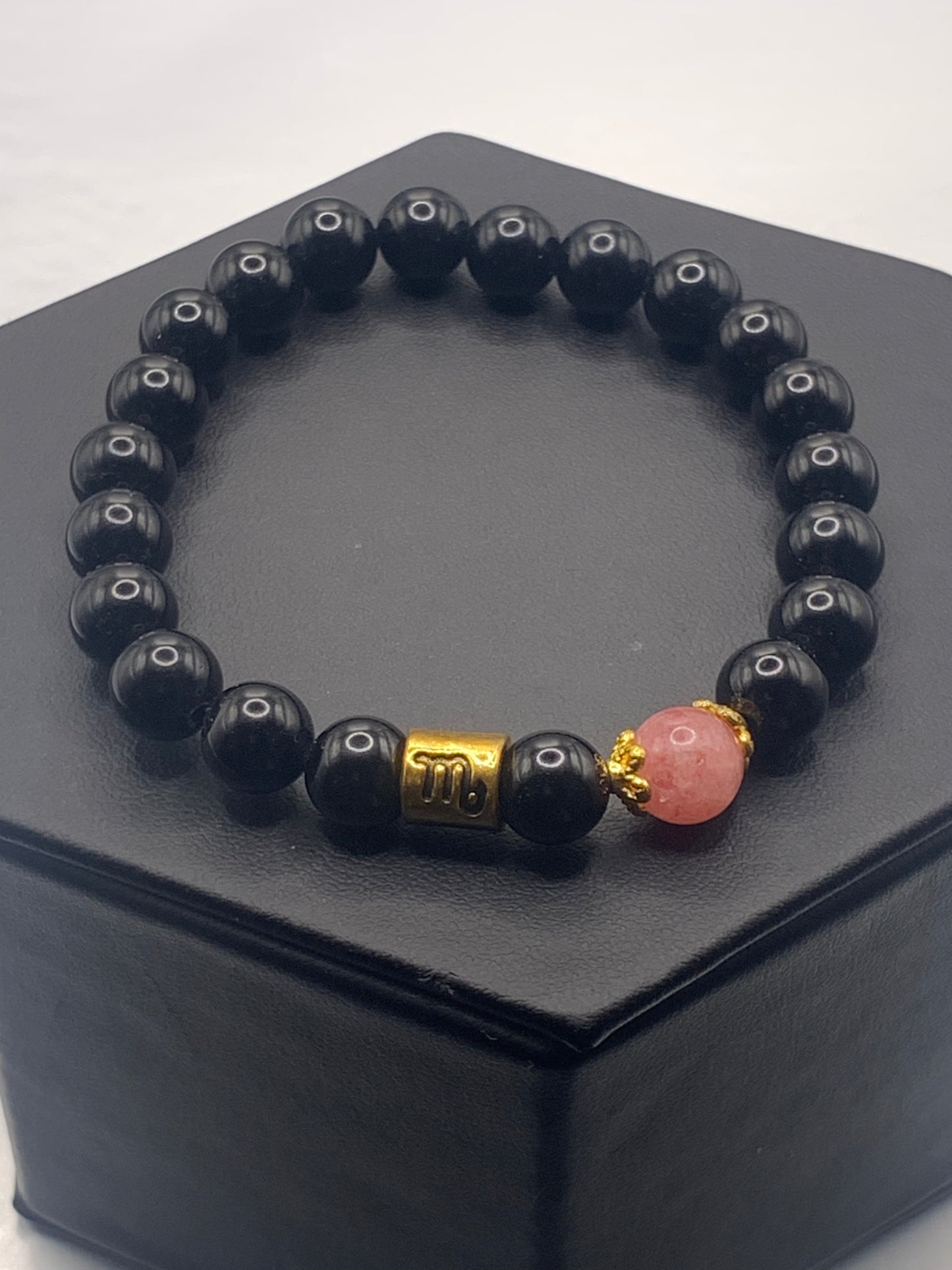 Scorpio Zodiac black obsidian with pink chalcedony semi precious stone/crystal elastic beaded bracelet with gold accents