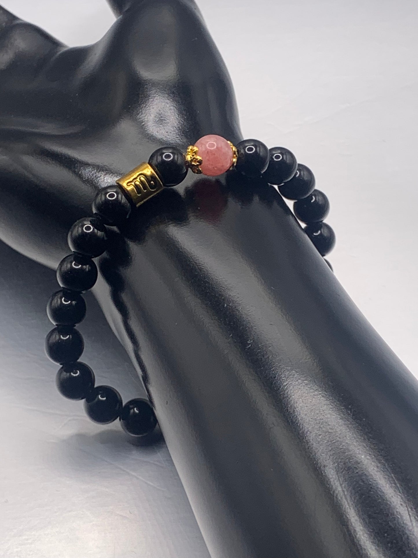 Scorpio Zodiac black obsidian with pink chalcedony semi precious stone/crystal elastic beaded bracelet with gold accents