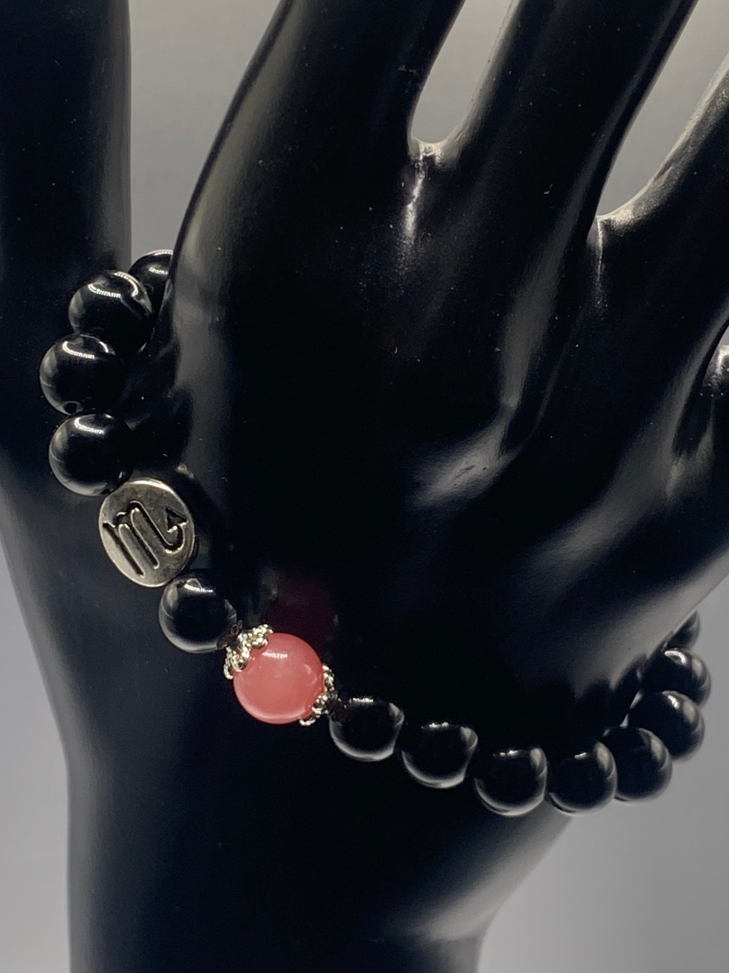 Scorpio Zodiac black obsidian with pink chalcedony semi precious stone/crystal elastic beaded bracelet with silver accents