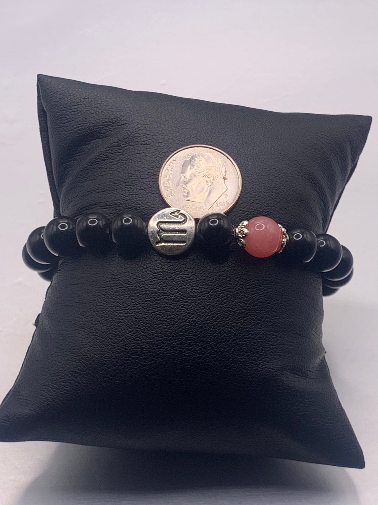 Scorpio Zodiac black obsidian with pink chalcedony semi precious stone/crystal elastic beaded bracelet with silver accents