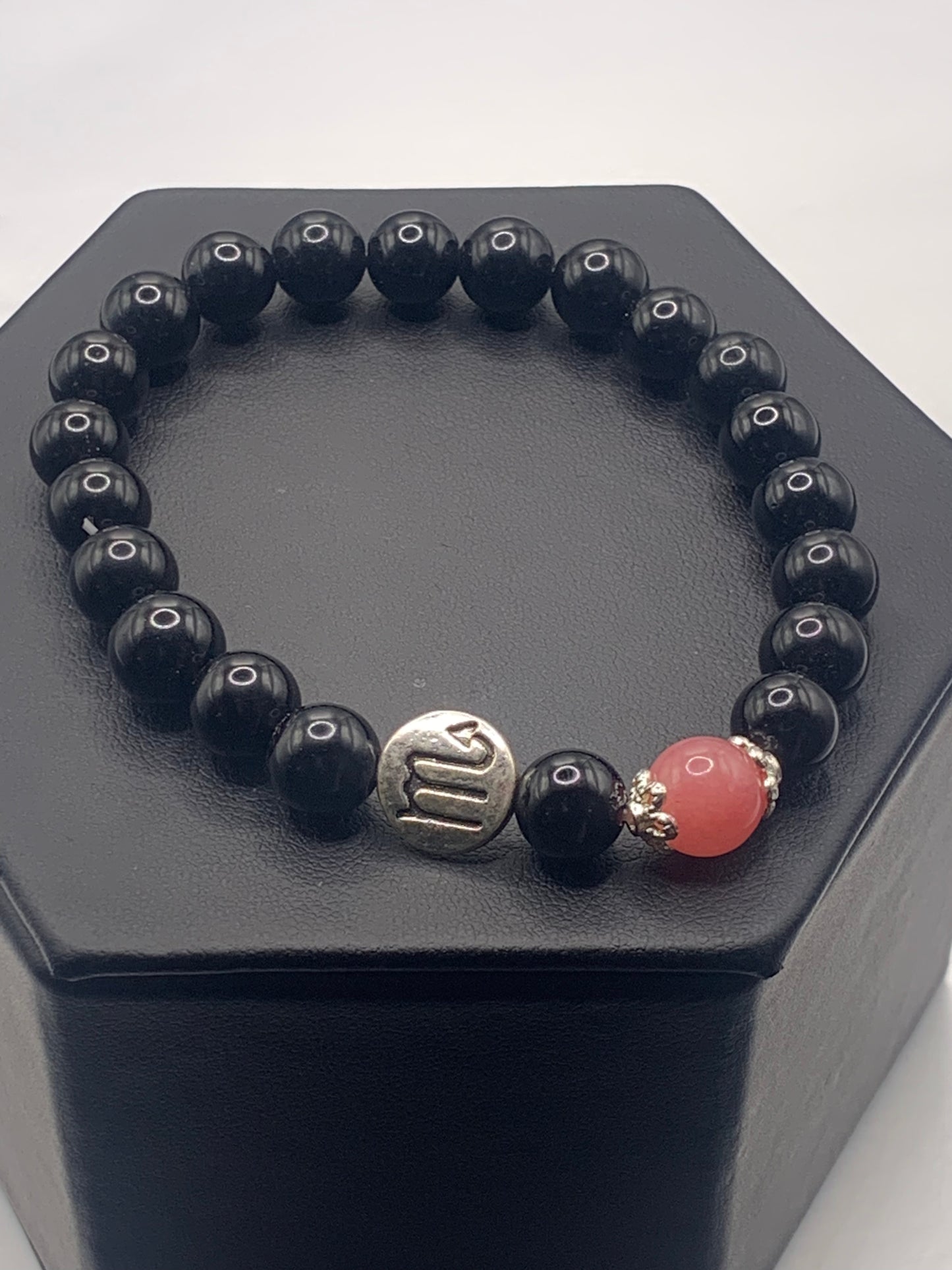 Scorpio Zodiac black obsidian with pink chalcedony semi precious stone/crystal elastic beaded bracelet with silver accents