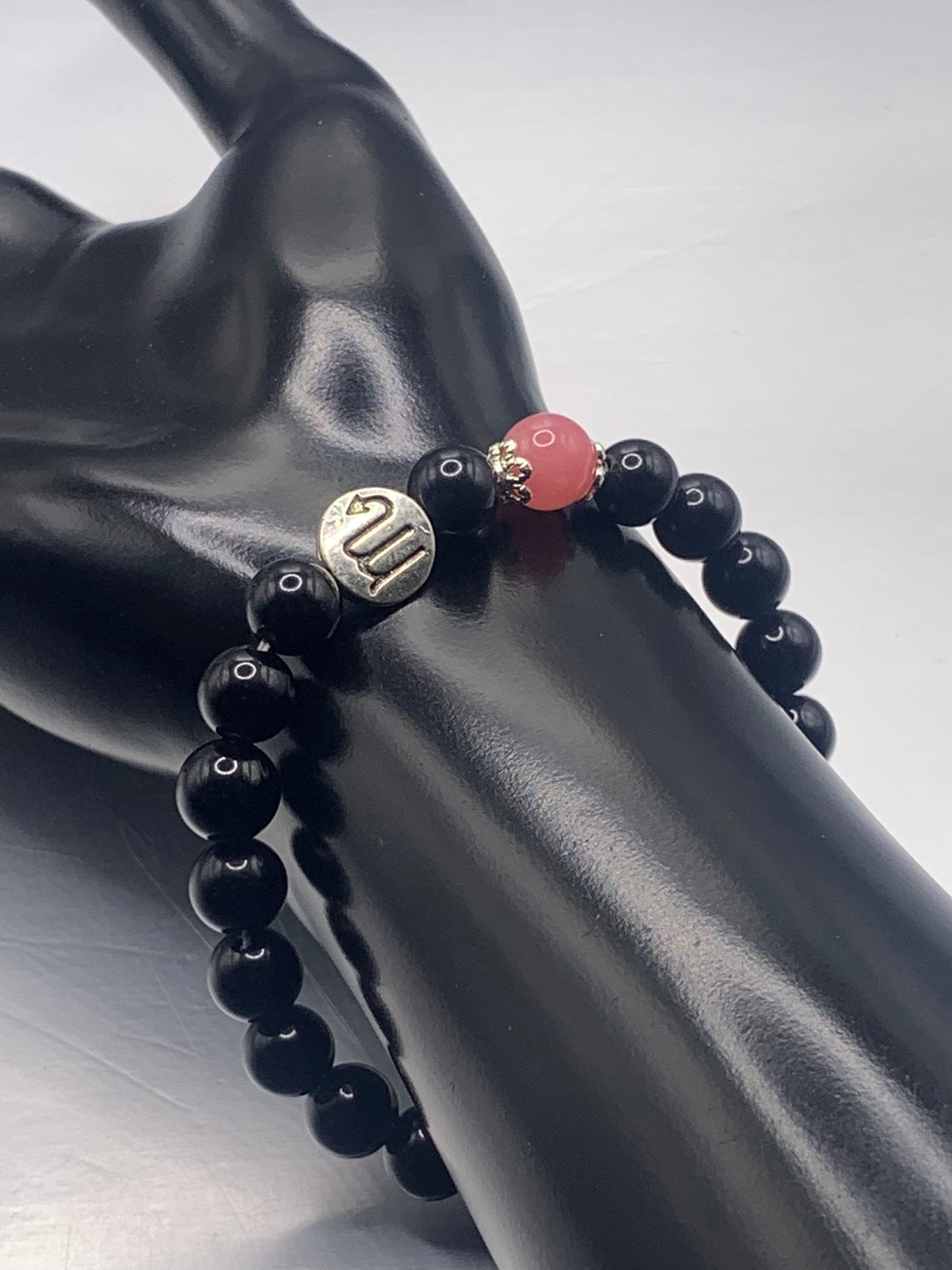 Scorpio Zodiac black obsidian with pink chalcedony semi precious stone/crystal elastic beaded bracelet with silver accents