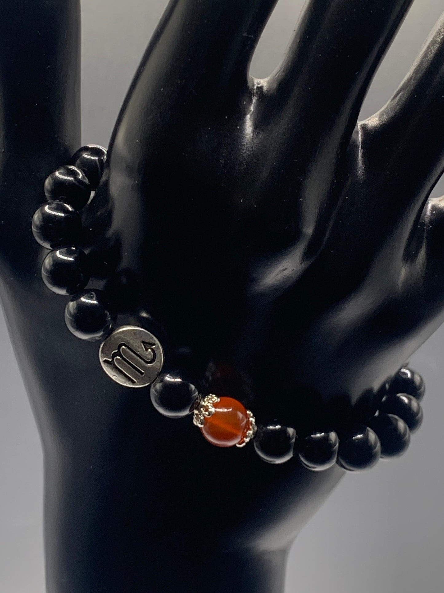 Scorpio Zodiac black obsidian with red agate semi precious stone/crystal elastic beaded bracelet with silver accents