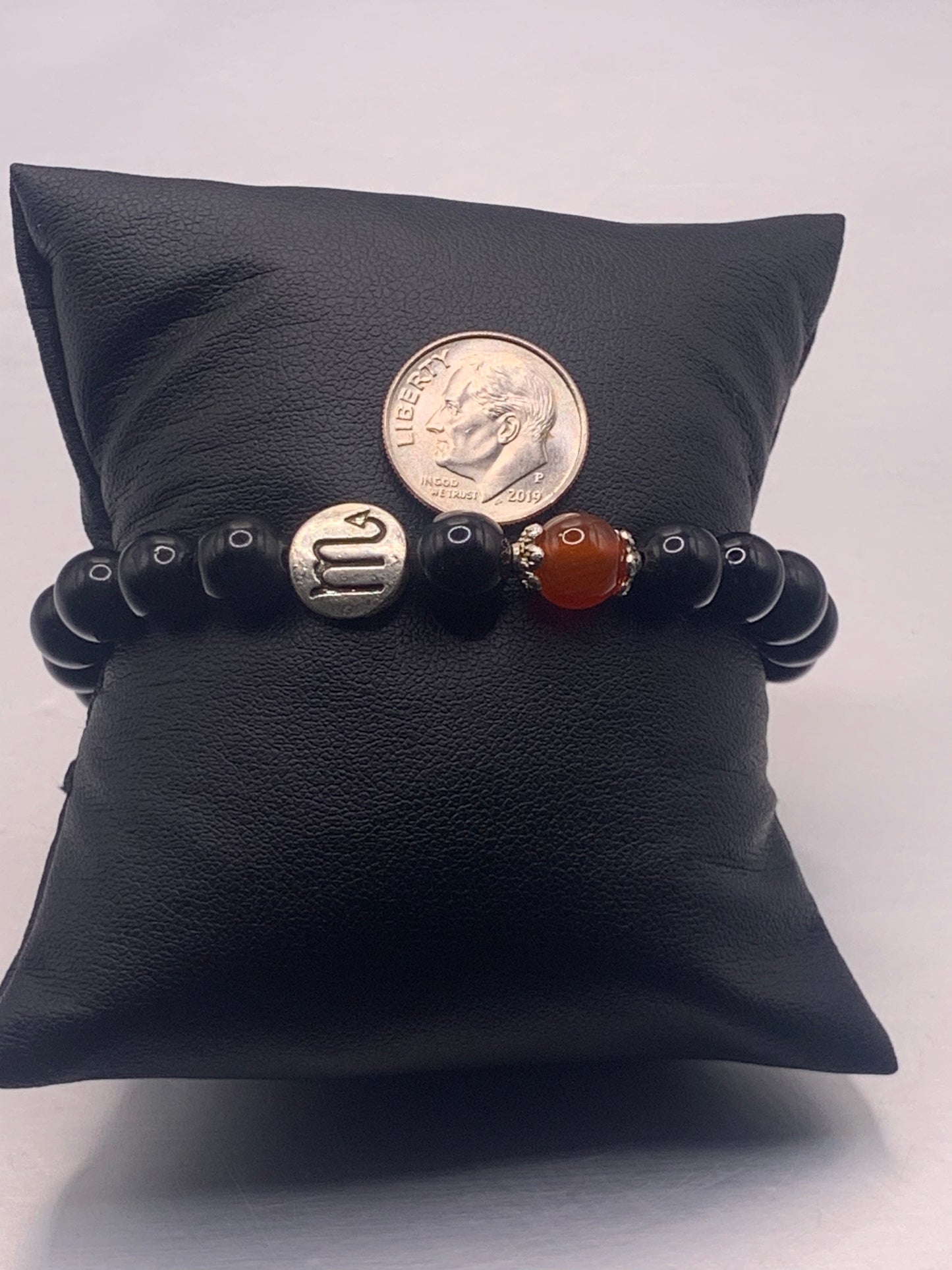 Scorpio Zodiac black obsidian with red agate semi precious stone/crystal elastic beaded bracelet with silver accents