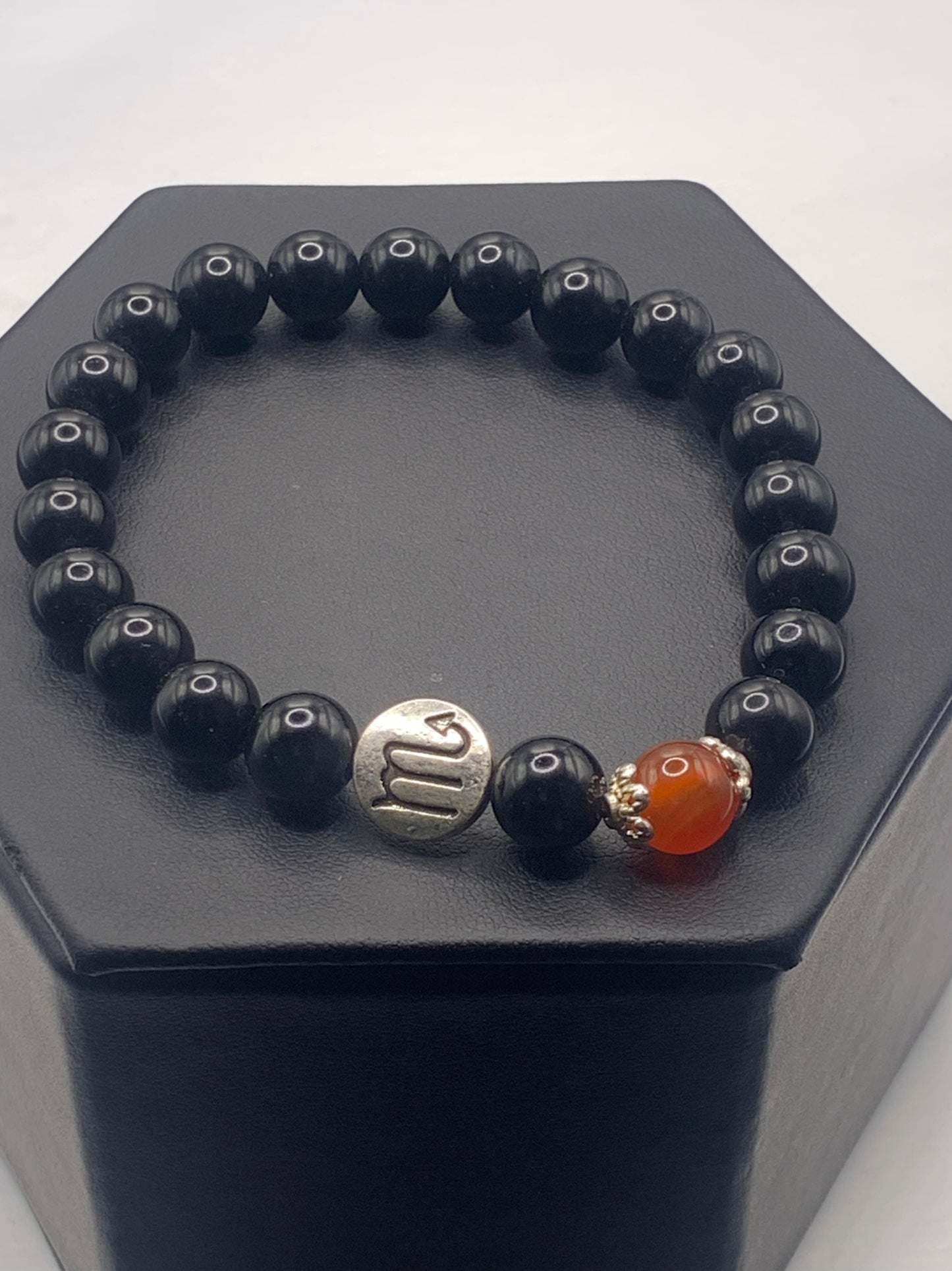 Scorpio Zodiac black obsidian with red agate semi precious stone/crystal elastic beaded bracelet with silver accents
