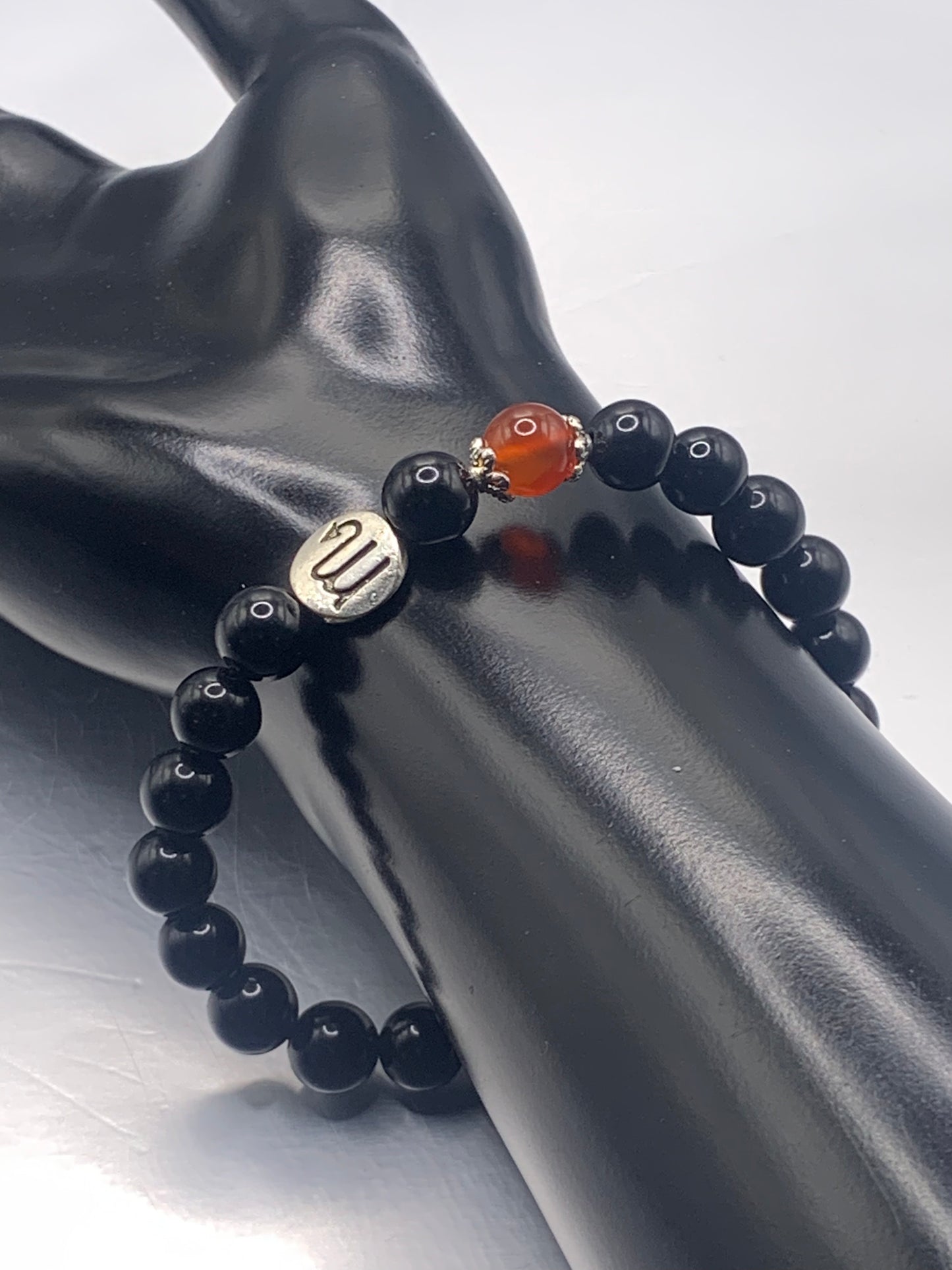 Scorpio Zodiac black obsidian with red agate semi precious stone/crystal elastic beaded bracelet with silver accents