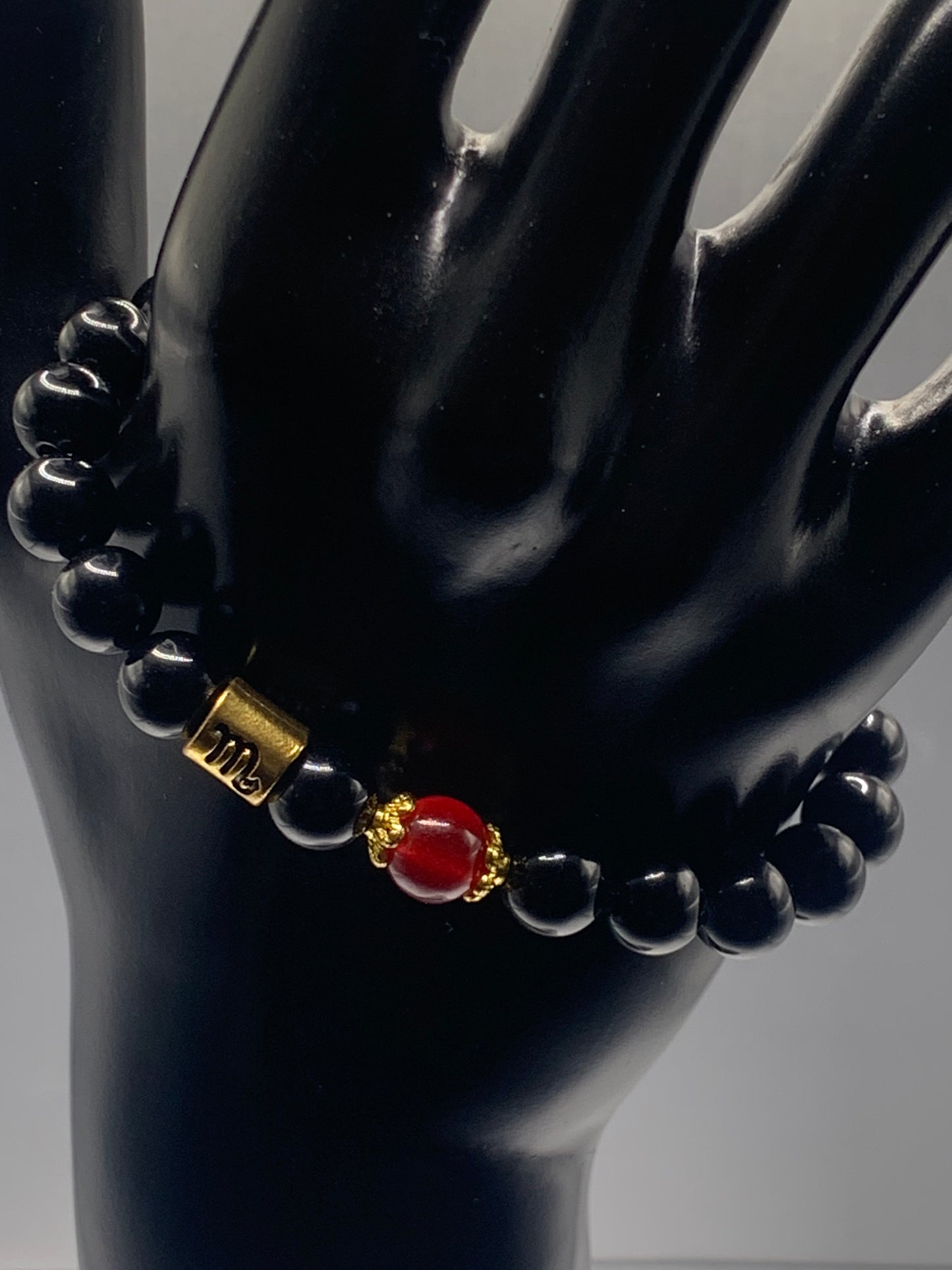 Scorpio Zodiac black obsidian with red chalcedony semi precious stone/crystal elastic beaded bracelet with gold accents