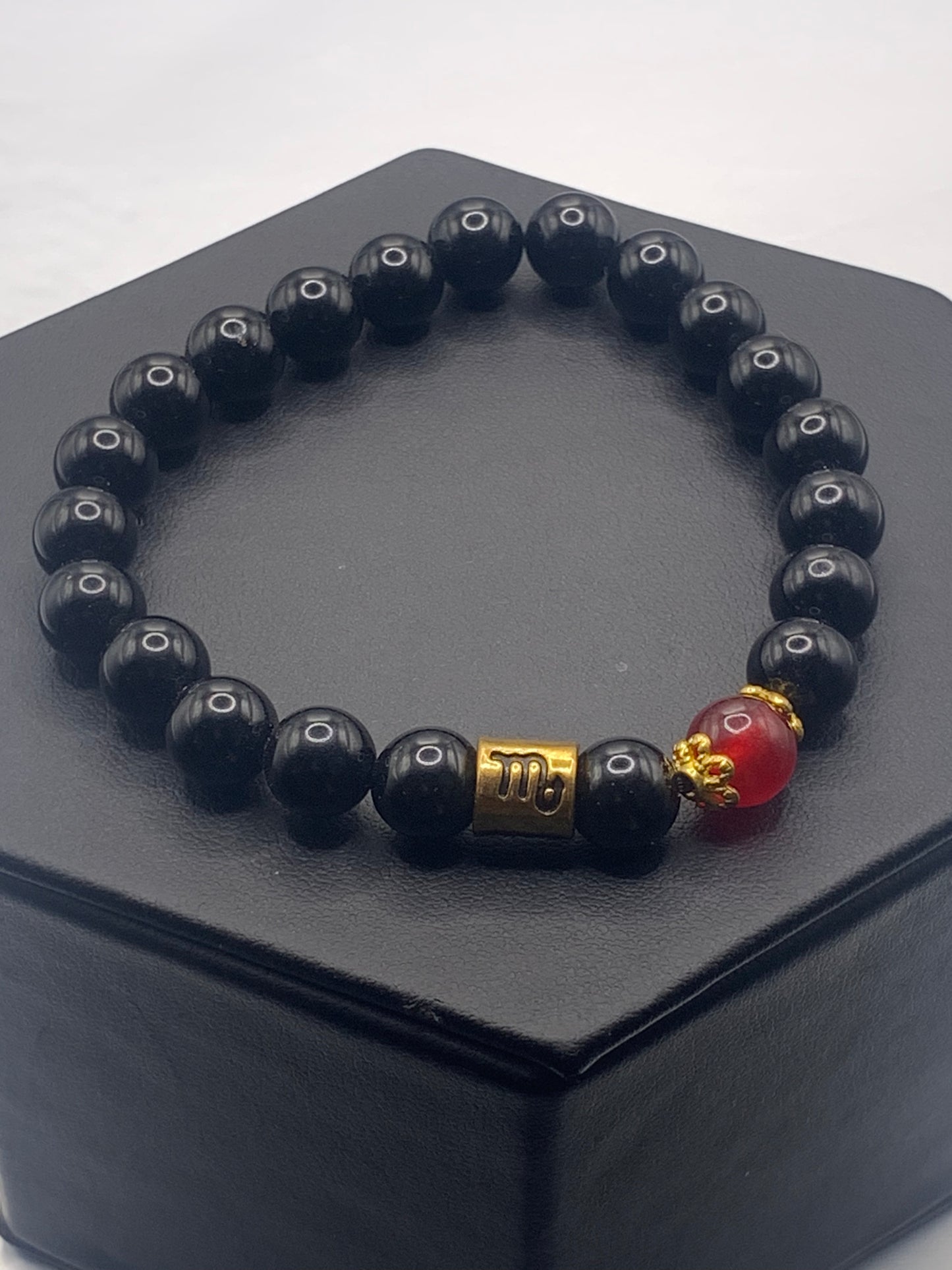 Scorpio Zodiac black obsidian with red chalcedony semi precious stone/crystal elastic beaded bracelet with gold accents
