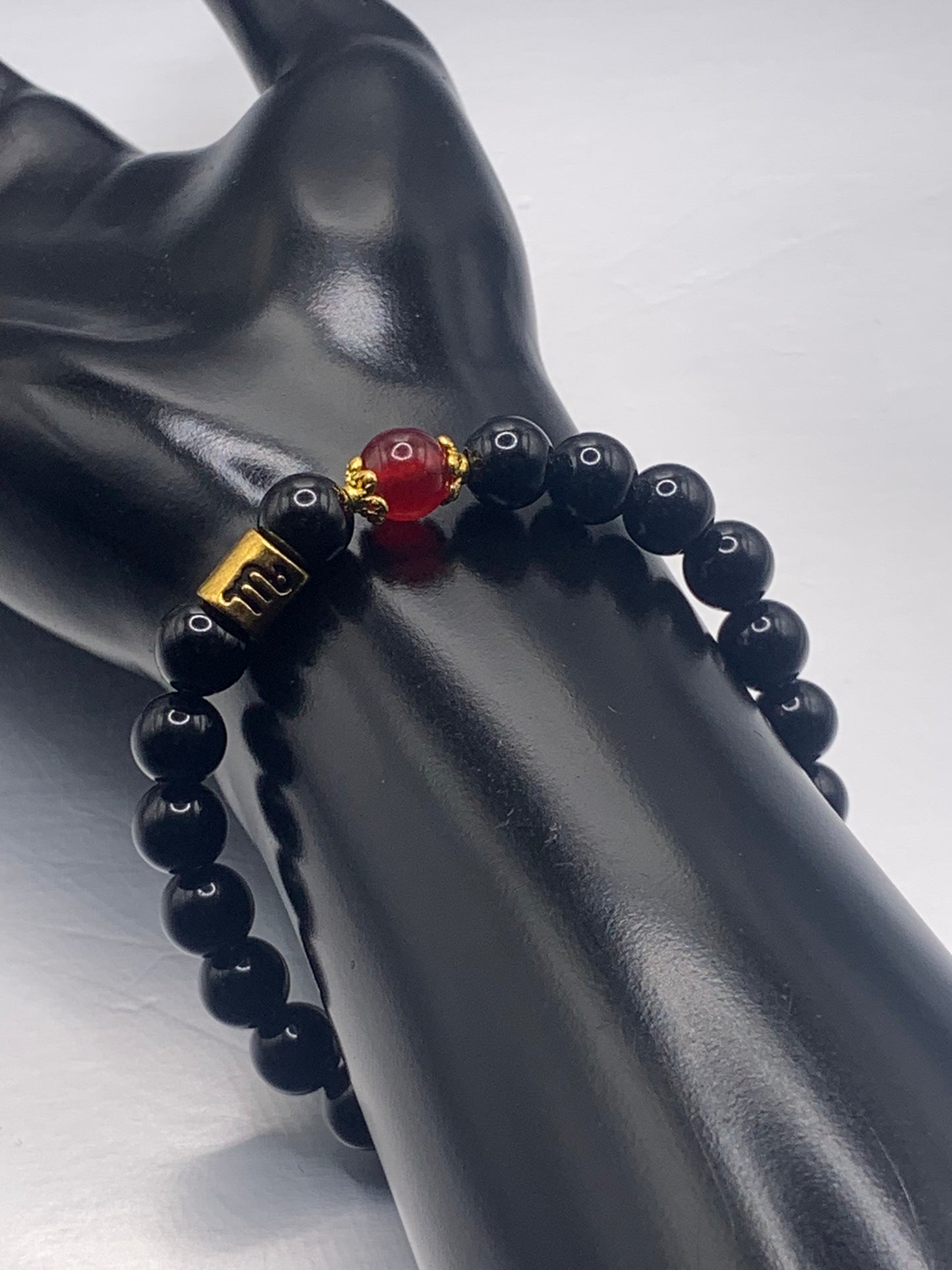 Scorpio Zodiac black obsidian with red chalcedony semi precious stone/crystal elastic beaded bracelet with gold accents