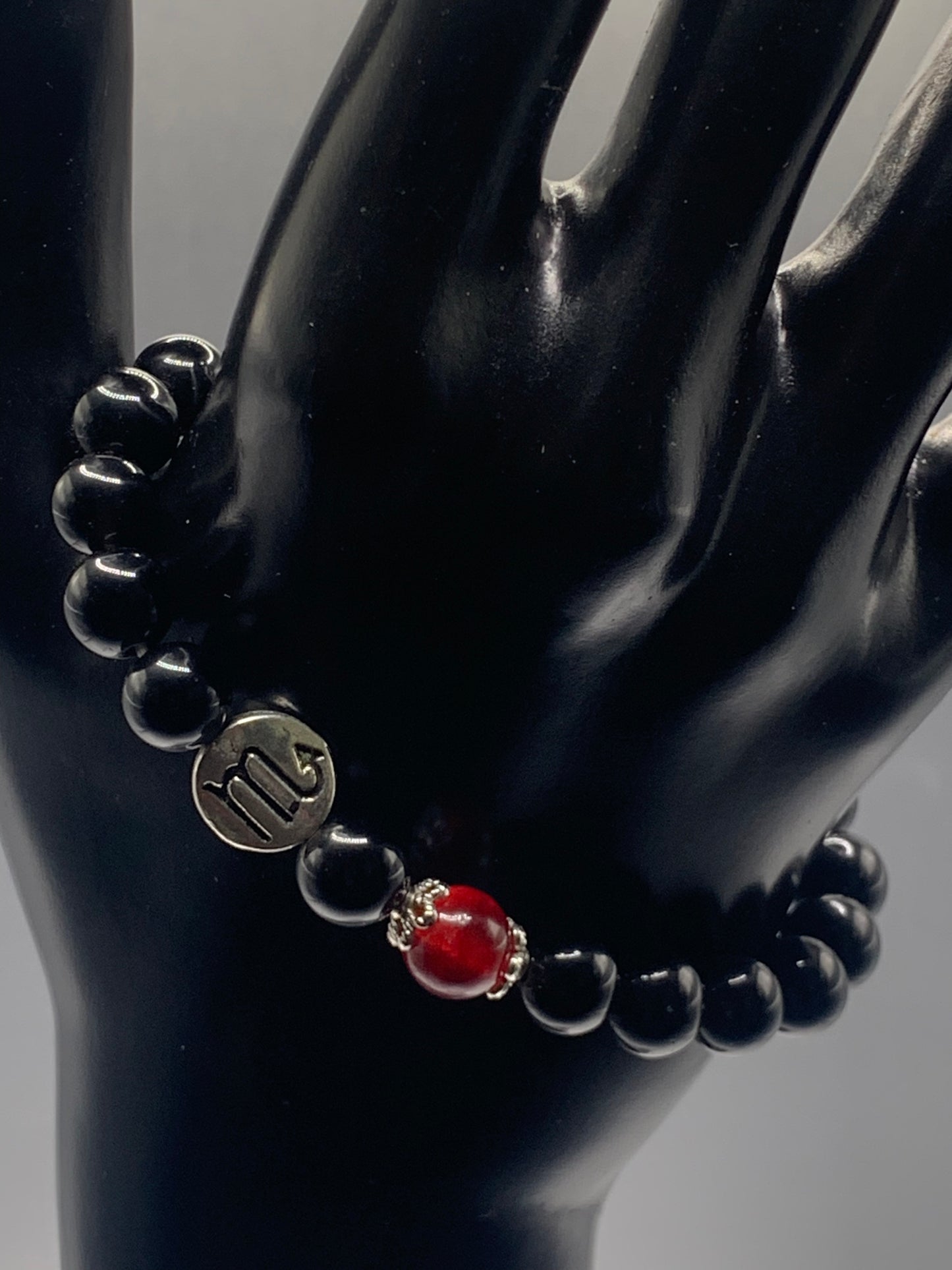 Scorpio Zodiac black obsidian with red chalcedony semi precious stone/crystal elastic beaded bracelet with silver accents