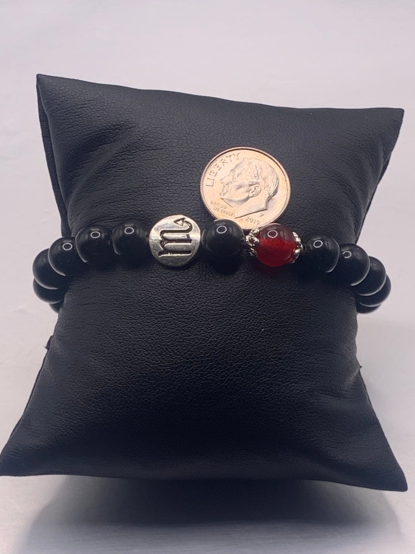 Scorpio Zodiac black obsidian with red chalcedony semi precious stone/crystal elastic beaded bracelet with silver accents