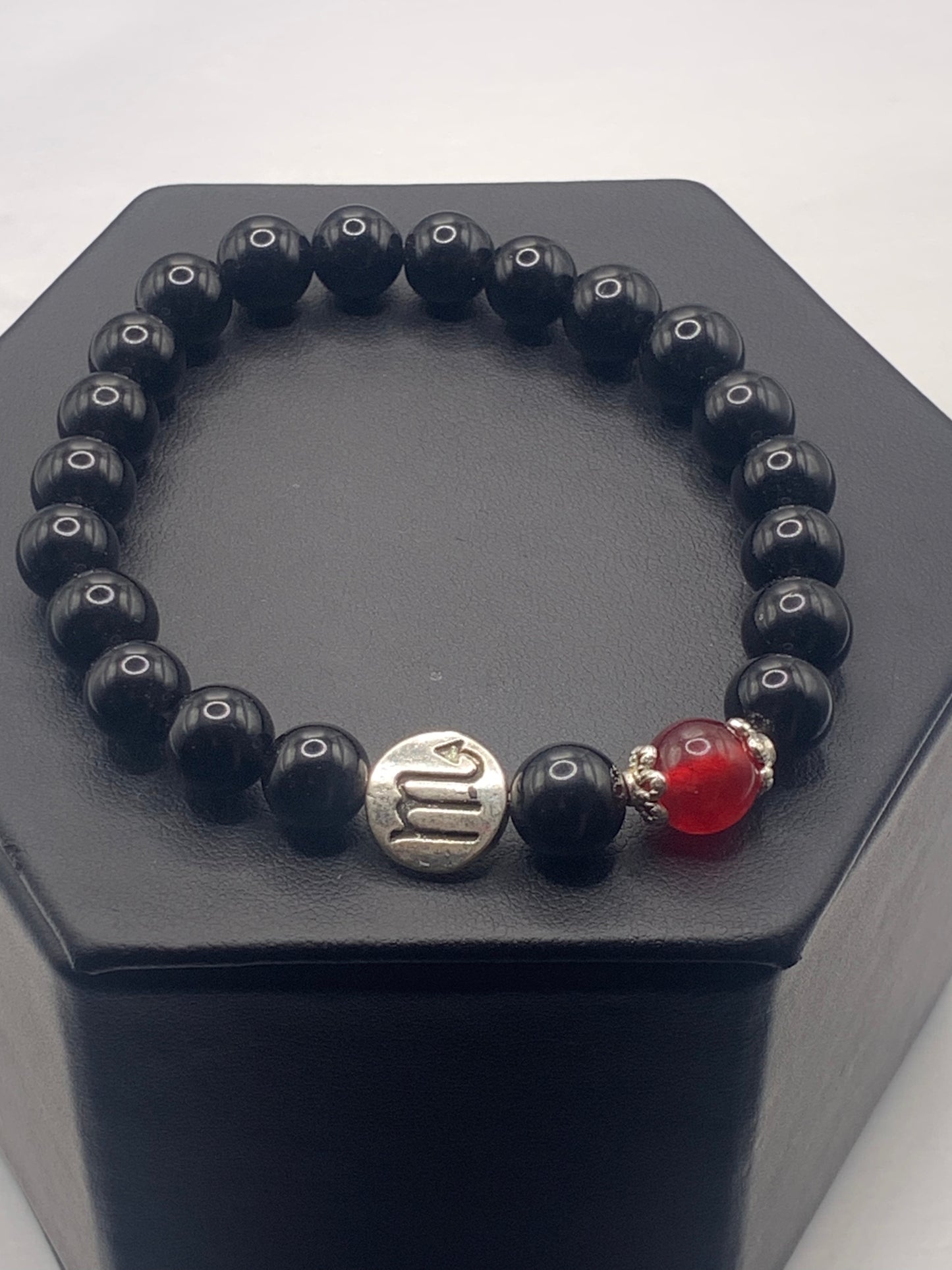Scorpio Zodiac black obsidian with red chalcedony semi precious stone/crystal elastic beaded bracelet with silver accents